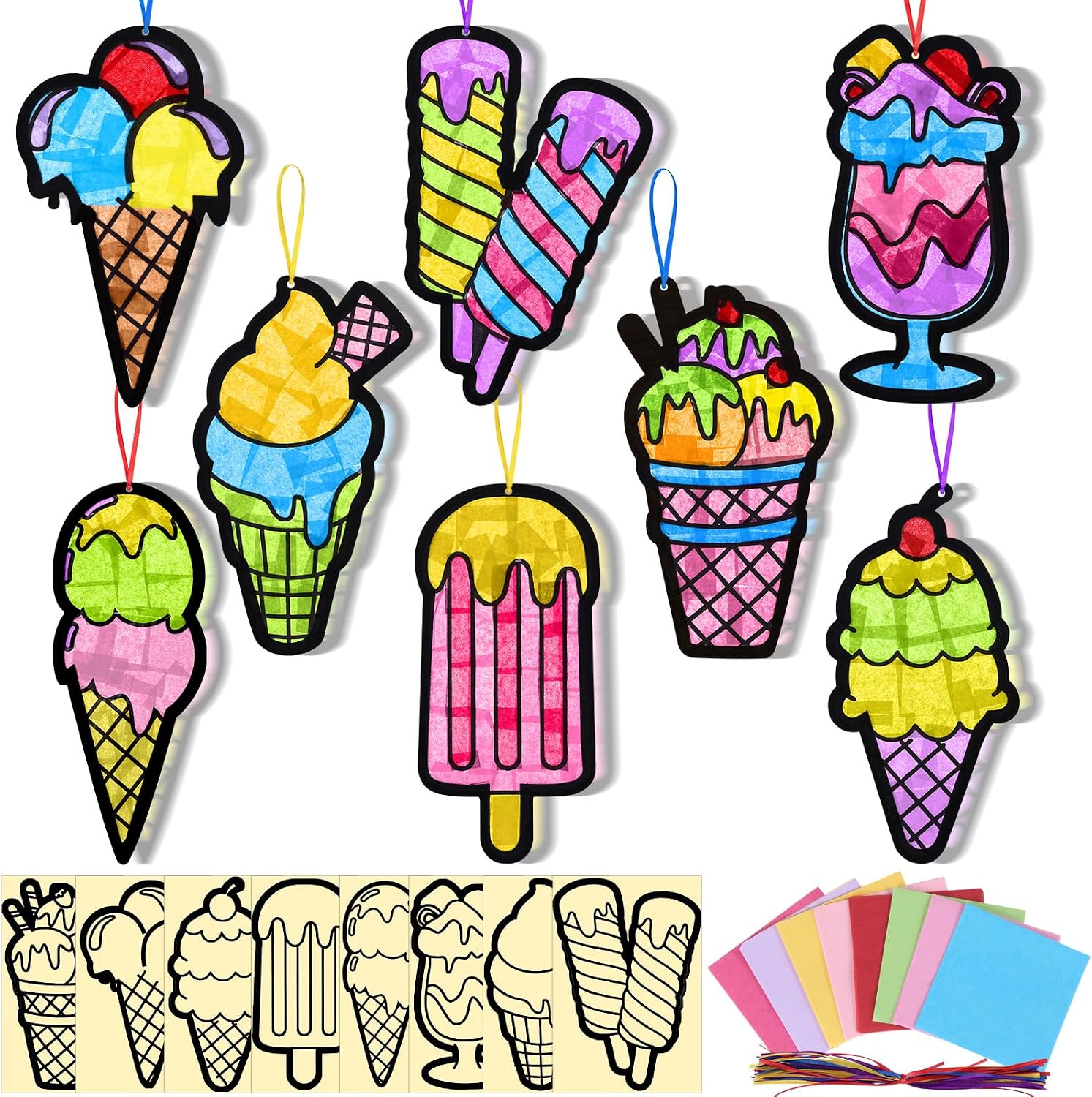 Eersida 32 Sets Summer Craft Set, Summer Ice Cream DIY Stained Glass Tissue Paper Kits SunCatcher Kits for Window Activities Art Home Boys Girls Birthday Party Decorations Favors Gift