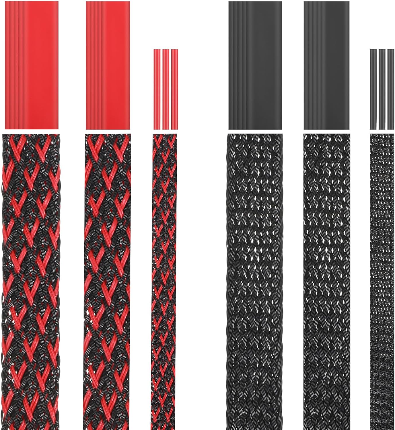 6 Roll 96ft Wire Loom Braided Cable Sleeve with 127 Pcs Tube Heat Shrinkable, Cord Covers for Pets, PET Expandable Cord Organizer for Audio Video Cable Cord USB Cable