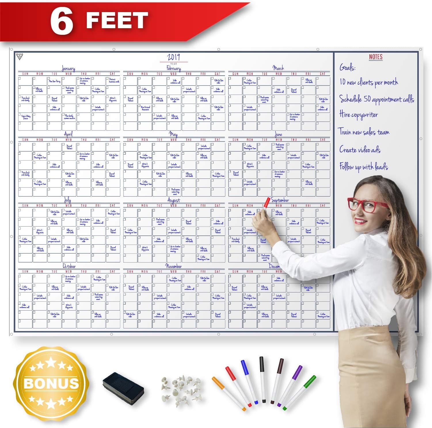 2020 Yearly Wall Calendar - Large Dry Erase 12 Month Erasable Planner with White Board Notes Section Including Markers - Big Chore Organizer for Office, Family, Kids, Classroom, Home, or Business.