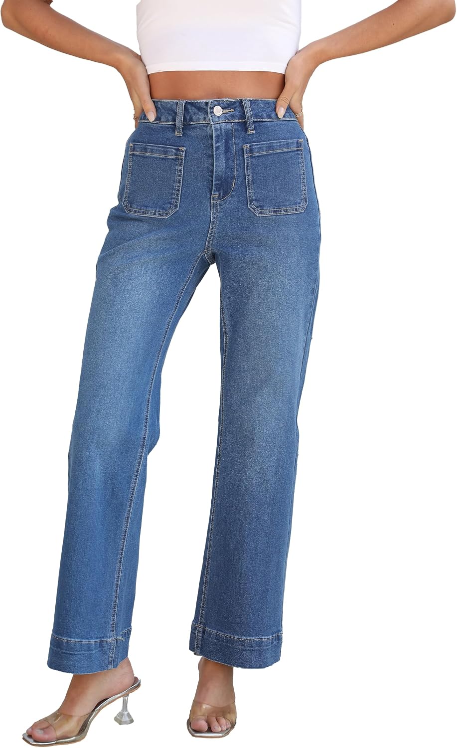 Women’s Wide Leg Jeans Trendy High Rise Straight Leg Jeans for Women Stretchy Pockets Bootcut Denim Pants