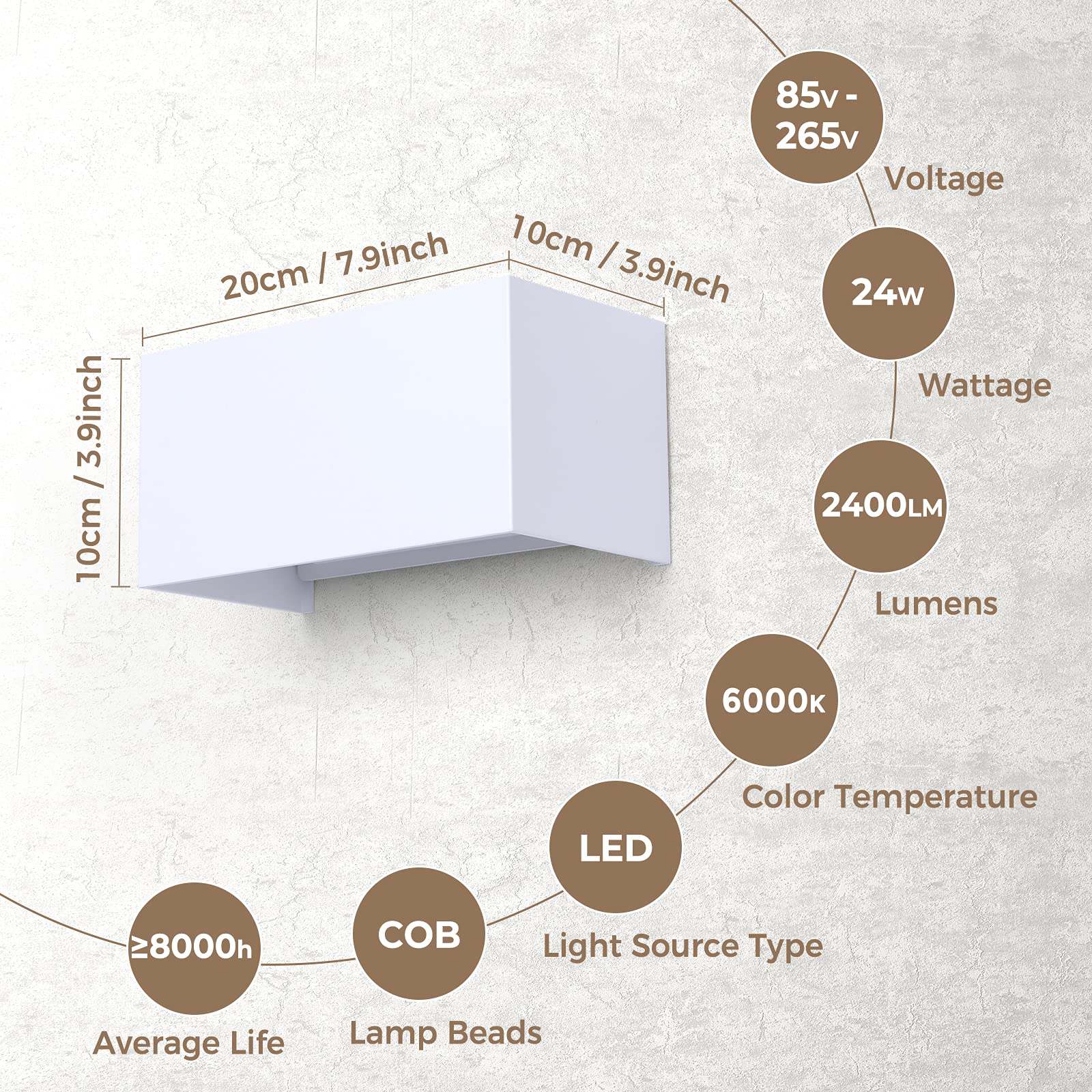 ENCOFT 24W Applique da Parete interno Esterno COB LED Bianco Lampada da Parete Muro IP65 Impermeabile, Luce 6000K fredda Applique Esterno in Alluminio Angolo Regolabile, Bianco