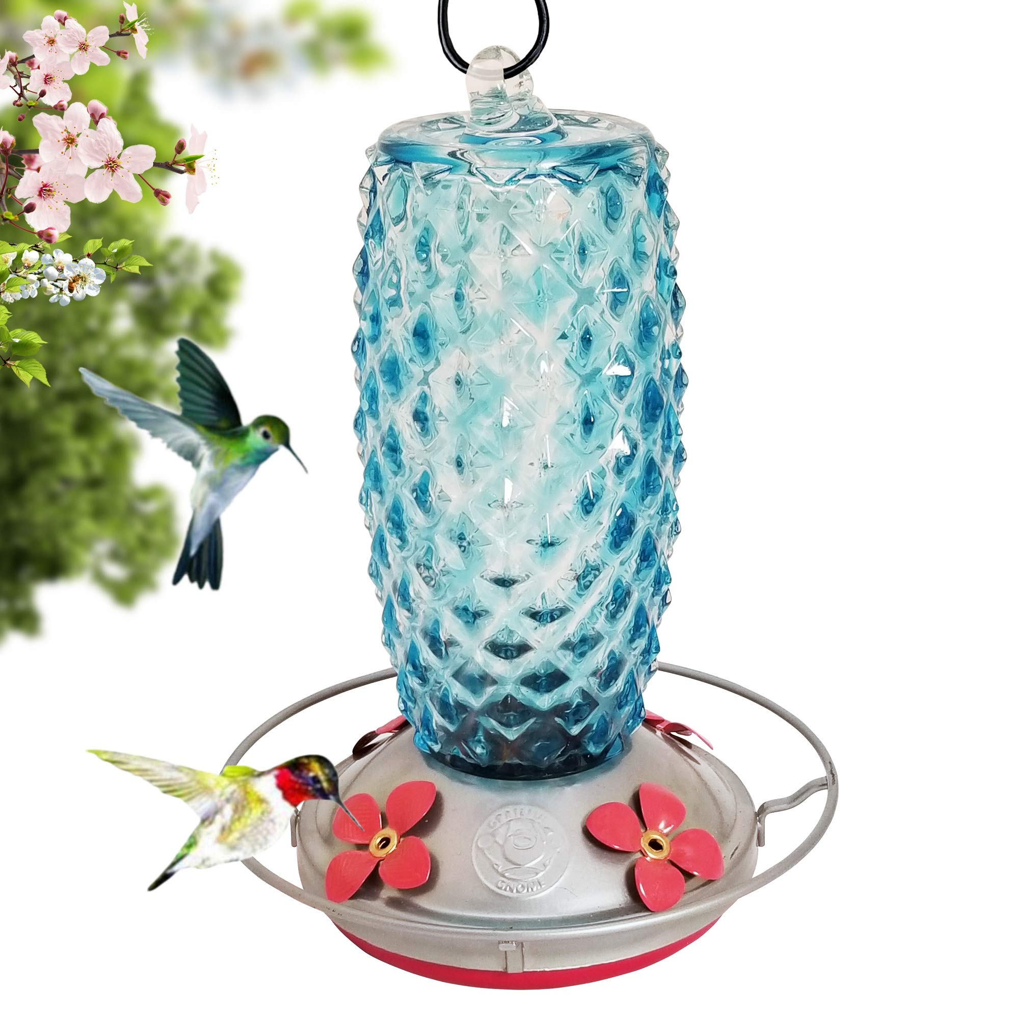 Hummingbird Feeder by Grateful Gnome - Large Hand Blown Stained Glass Feeder for Garden, Patio, Outdoors, Window with Accessories S-Hook, Ant Moat, Brush - 12 fl oz, Blue Crystal Design