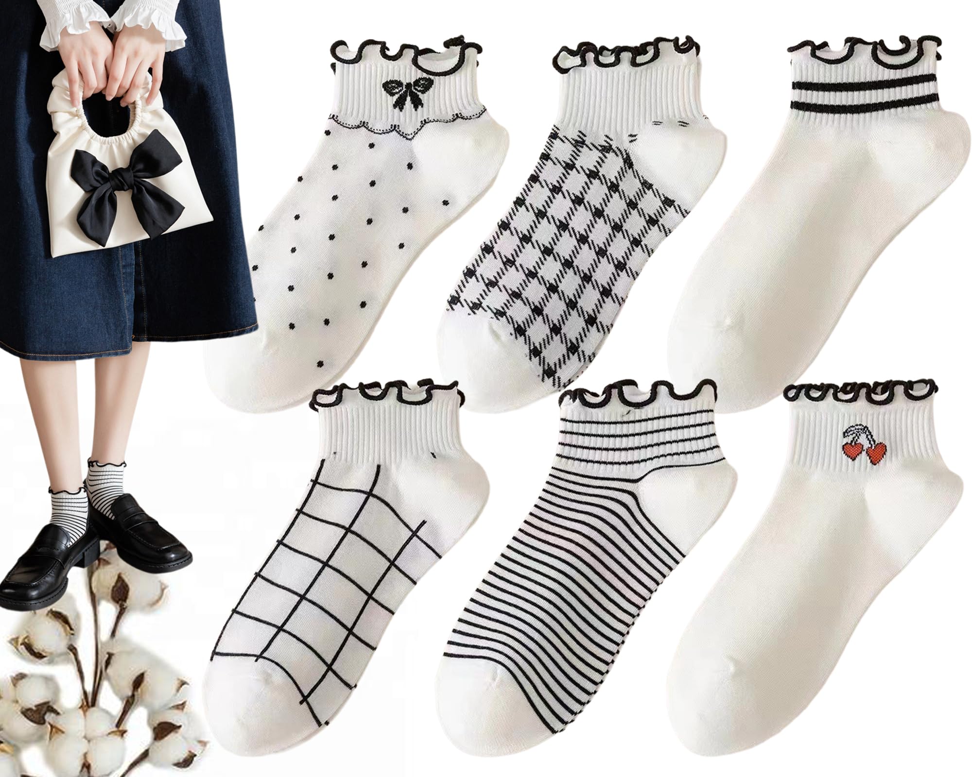 CHUNFO Womens Socks Ruffle Ankle Striped Bows Argyl Plaid Dots White Cotton Sock Crew Size5-9 Size6-11