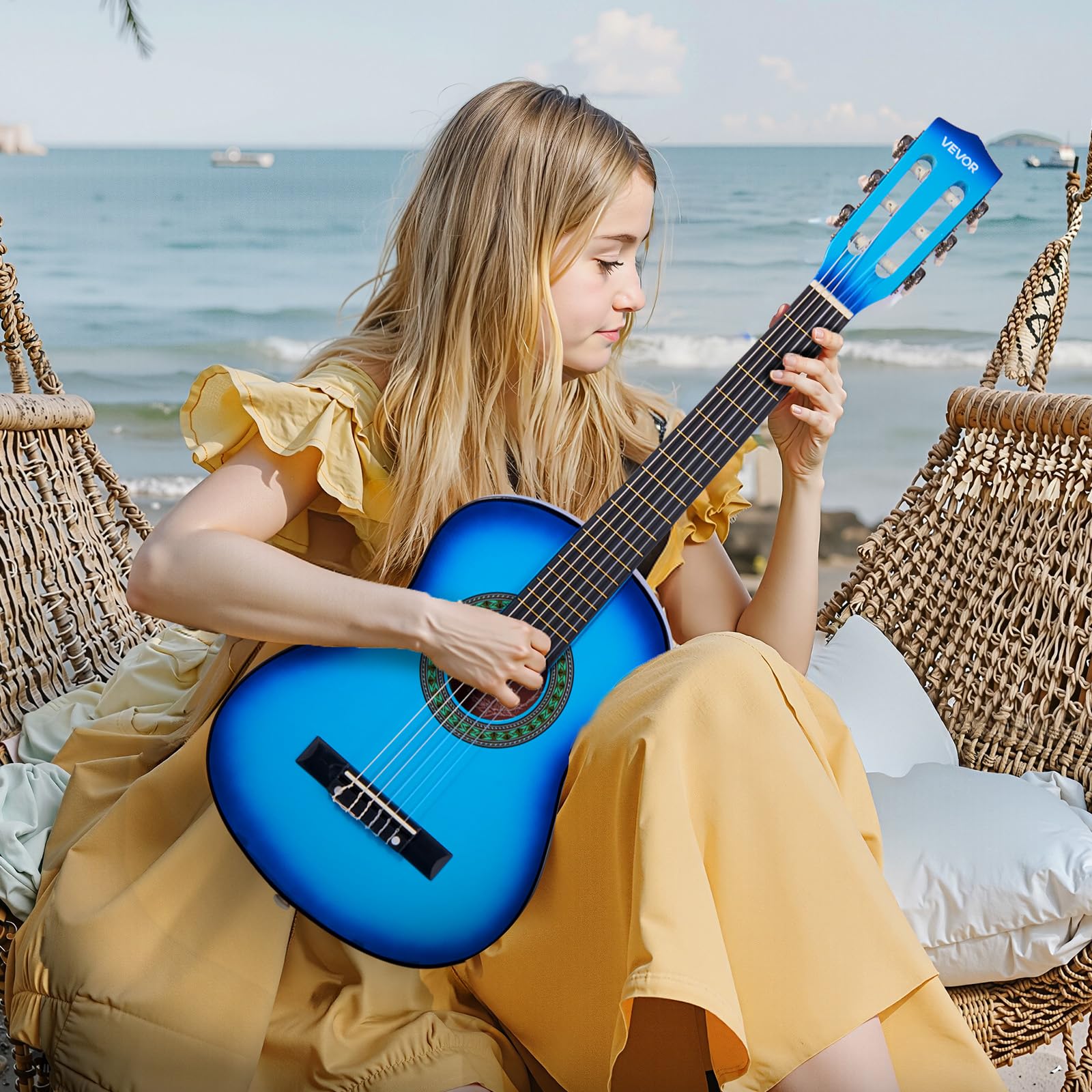 VEVOR Gitara akustyczna dla dzieci i początkujących, 76 cm gitara klasyczna z nylonowymi strunami i pełnym zestawem startowym (torba na koncert, tuner, pasek, kapo, kostki, dodatkowe struny) dla