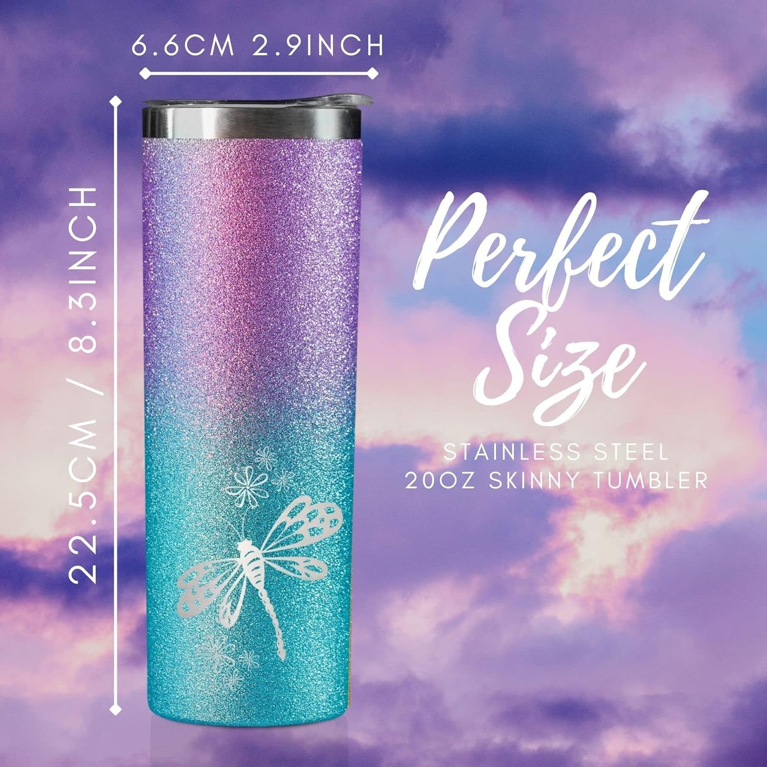 Onebttl Dragonfly Gifts for Women, Dragonflies Travel Mug, Cup for Girls, Laser Etched Dragonfly, 20oz Insulated Stainless Steel Tumbler, Glitter Purple & Blue - Image 4
