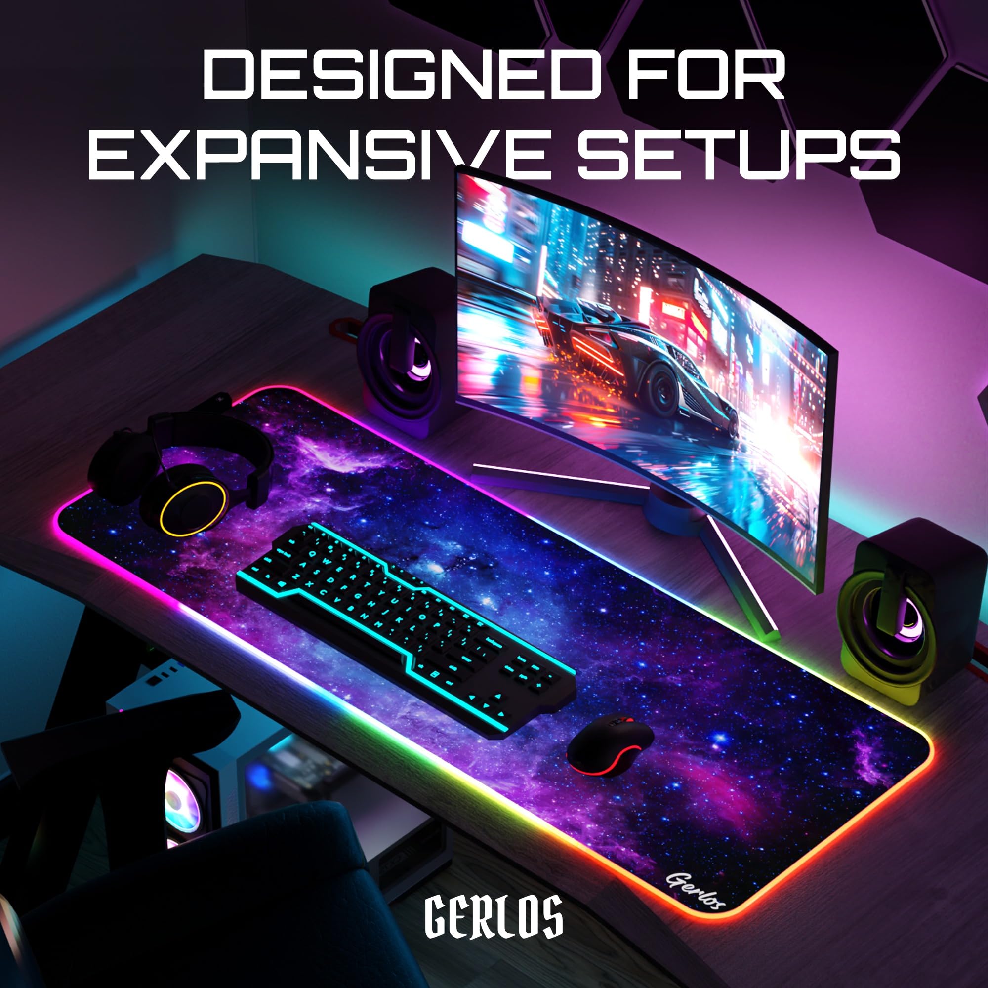 Gerlos RGB Gaming Mouse Pad, Large Extended LED Desk Mat with 12 Light Modes, Non-Slip Rubber Base, Water-Resistant, 31.5×11.8 Inch: Violet