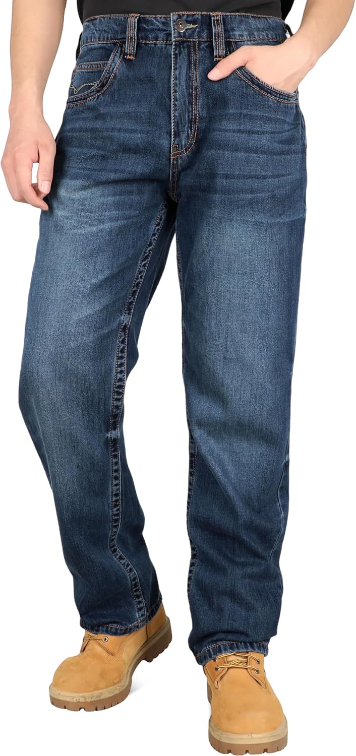 BOCOMAL Mens Summer FR Jeans Relaxed Fit Tapered Leg Midweight Soft Denim | NFPA2112 CAT2,Fire Resistant Pants,Vintage Washed,Designed for Summer-Smooth/Fashion,Classic 5 Pockets