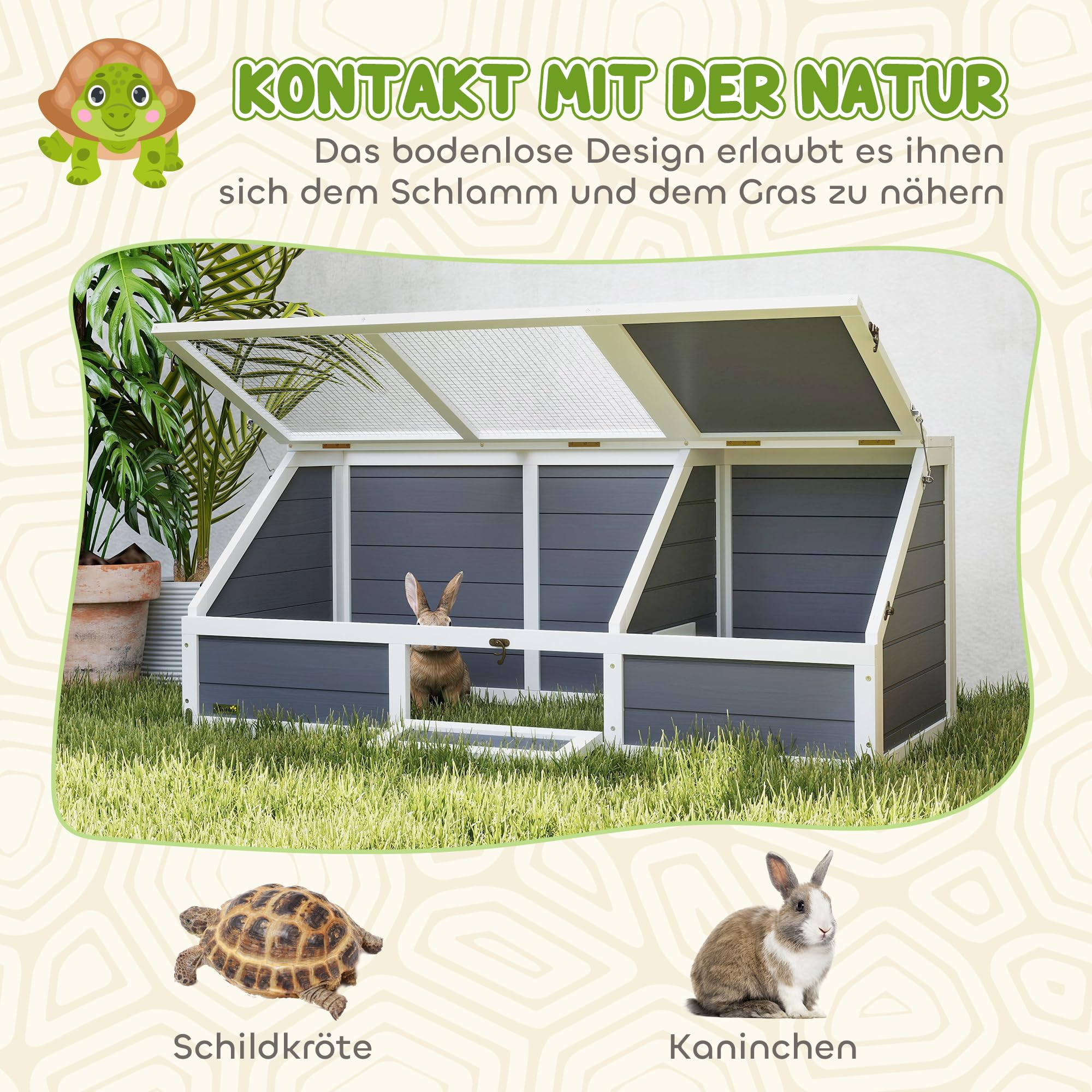 PawHut Schildkrötenhaus aus Holz Schildkrötengehege mit Haupthaus, Spielplatz, aufklappbarem Oberseite, Verschlüssel Reptilienkäfig Kaninchenstall für Amphibien Indoor Outdoor 120x55x50 cm Hellgrau