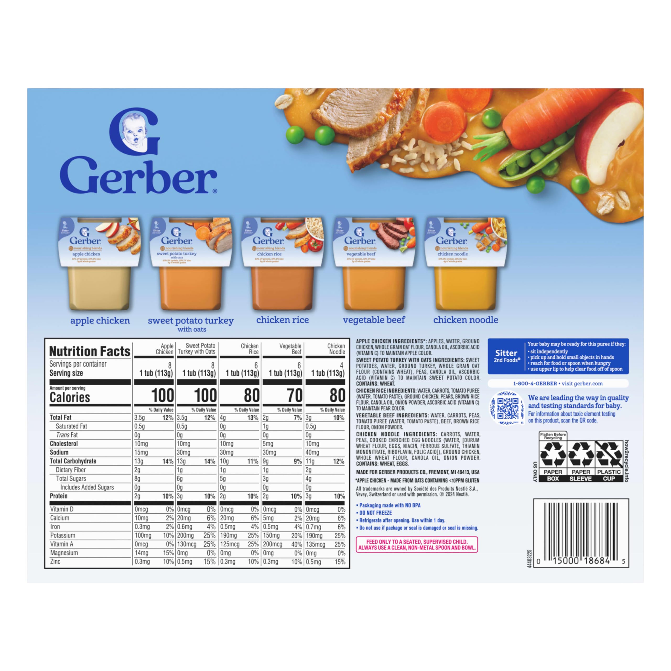 Gerber Stage 2 Baby Food, Nourishing Blends Puree Tubs, No Added Colors or Flavors, Baby Puree, Variety 32-Pack