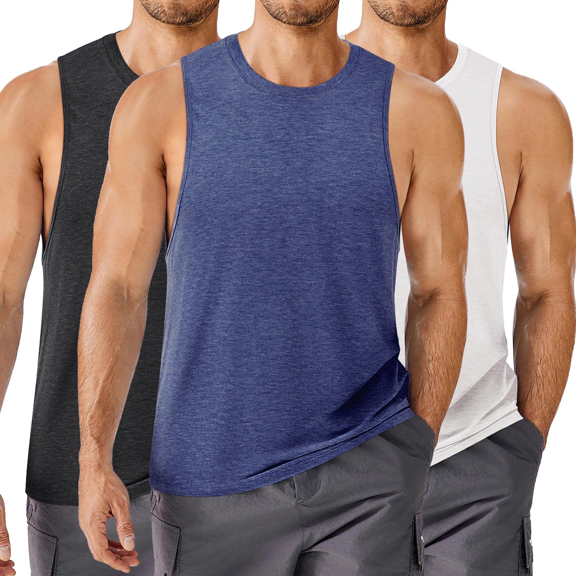 PINSPARK Men's 3 Pack Workout Tank Tops Quick Dry Sleeveless Muscle Tee Gym Bodybuilding Fitness Shirts for Men