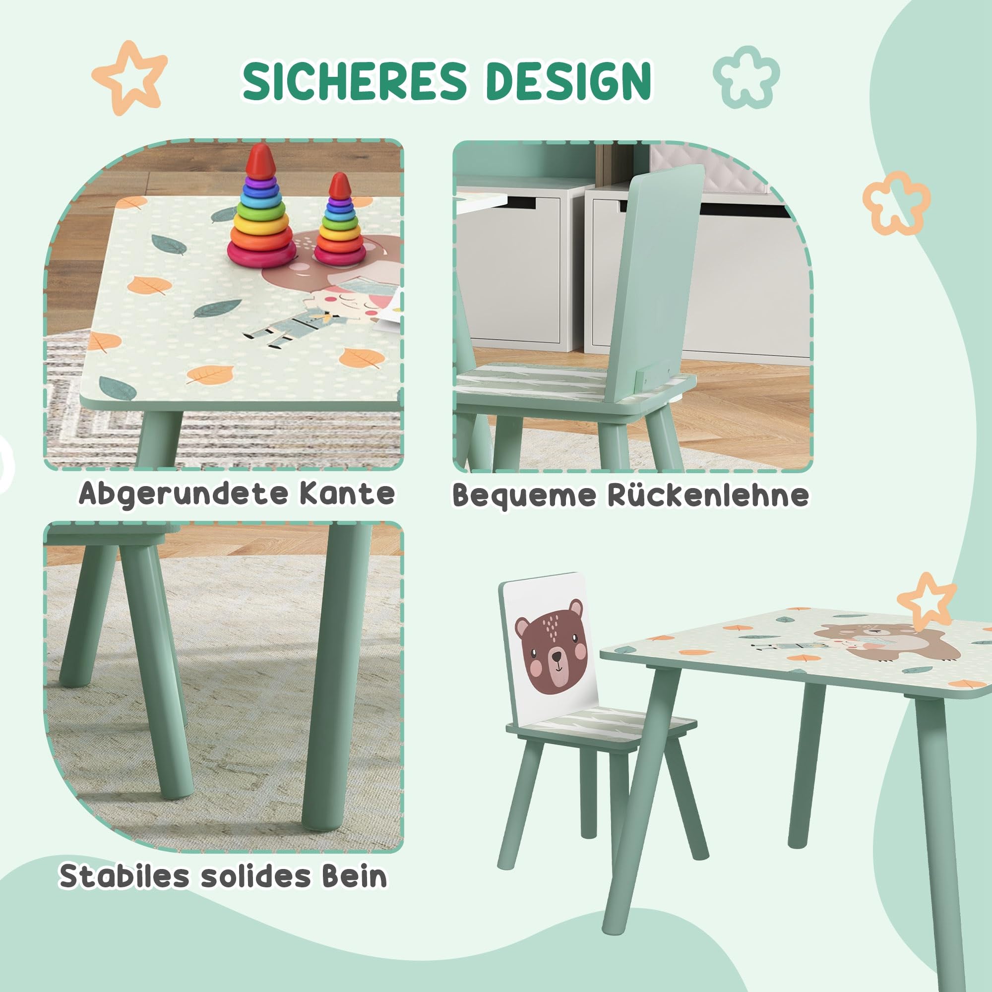 ZONEKIZ Kindertisch mit 2 Stühlen 3-teilig Kindersitzgruppe mit Tiermotiv, Kinder Tisch Stuhl Set Kindermöbel Sitzgruppe für Kinderzimmer, Kindergärten, für 3-8 Jahren Kinder, Grün