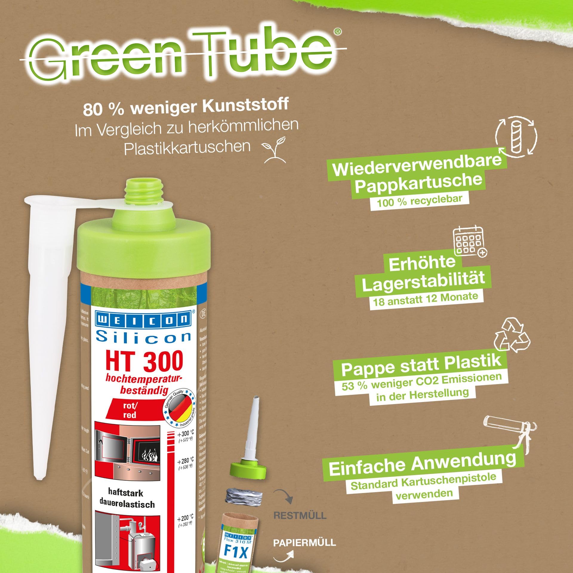 WEICON Green Tube Silicon HT 300, rot, 280 ml, Set