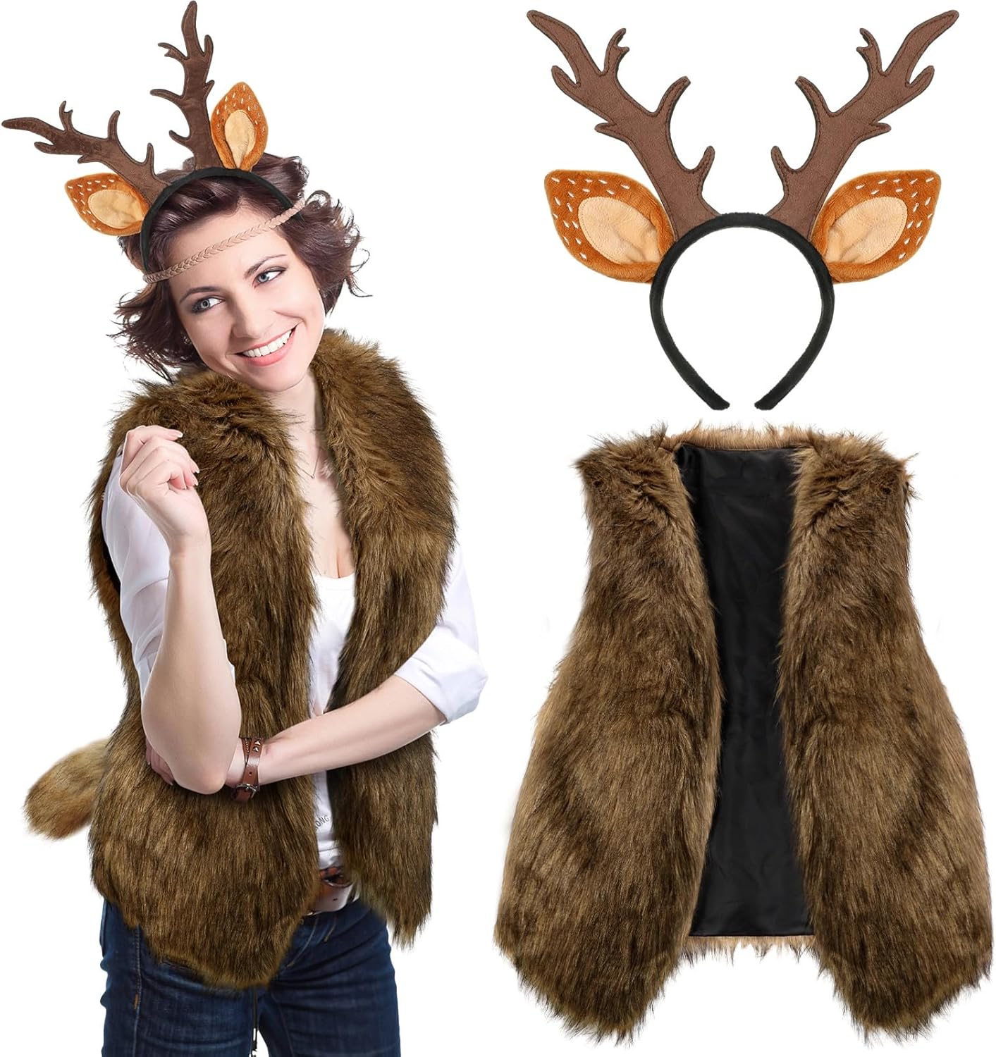 Suhine 3 Pcs Deer Costume Set Deer Antlers Headband with Ears Faux Fur Vest for Christmas Halloween Cosplay