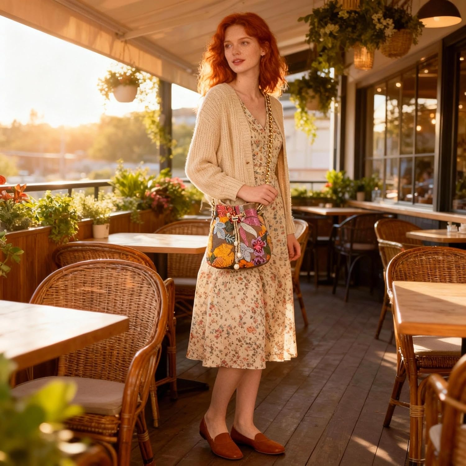 Crossbody Bags for Women, Hand Embroidered Leathers Tot Bag, Carry Handle Bucket bag, Bohemian Handbags for Women Vacation Travel Daily Matching(Orange) - Image 8