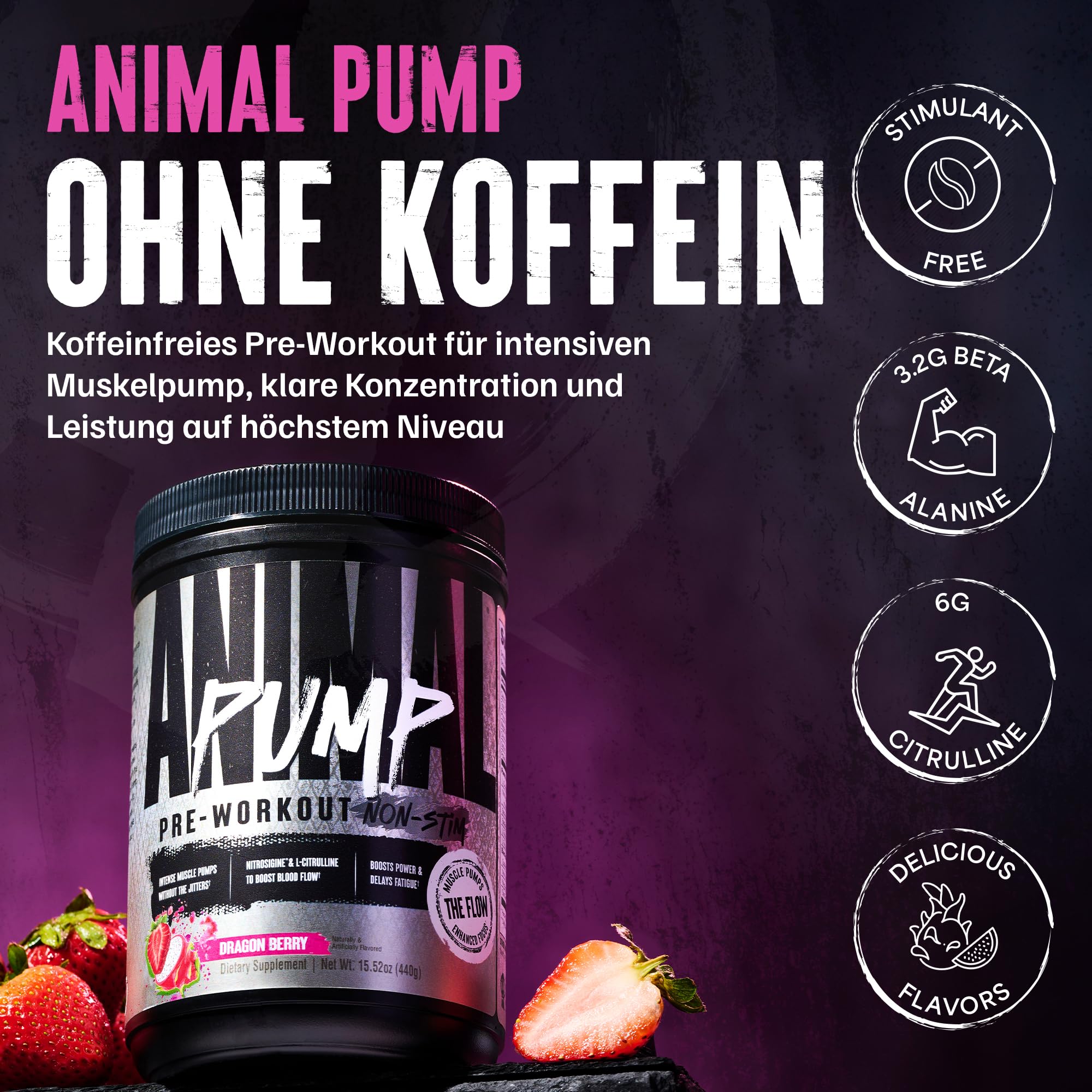 ANIMAL Pump Non-Stim Pre Workout Powder - koffeinfreies Preworkout für Energie, Fokus & Muskelaufbau, Beta Alanin, Citrullin, Nitrosigin und Nootropics, Dragon Fruit, 440g