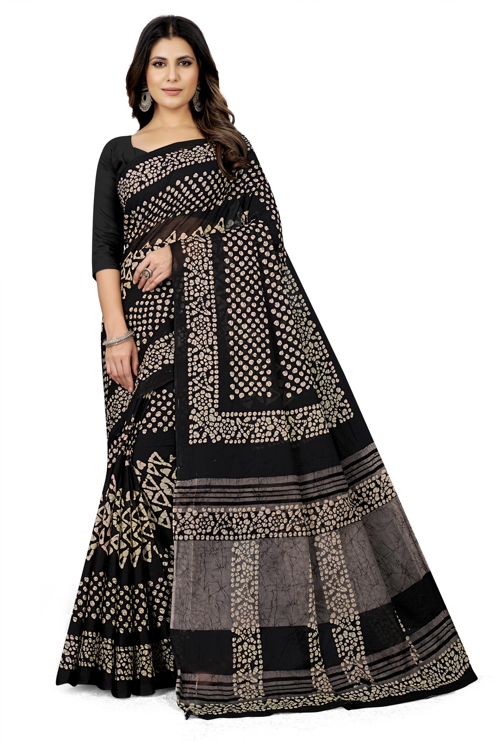 Tamaira Fashion Women's Batik Printed Pure Cotton Saree Without Blouse Piece(2456_Black)