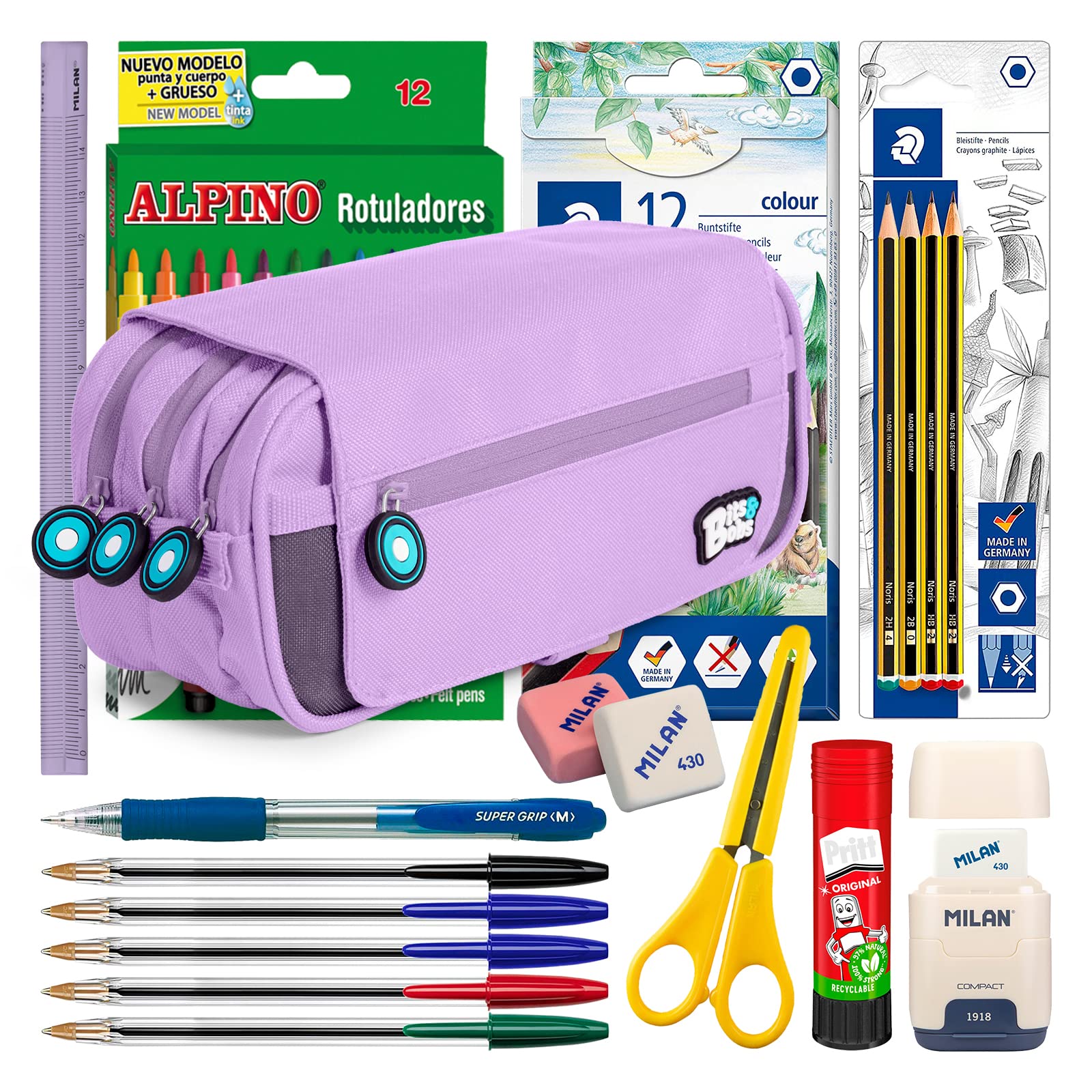 ColePack BitsBobs - Lote de Estuche Portatodo Triple con 3 Cremalleras y Material Escolar de Primeras Marcas Incluido (Lavanda)