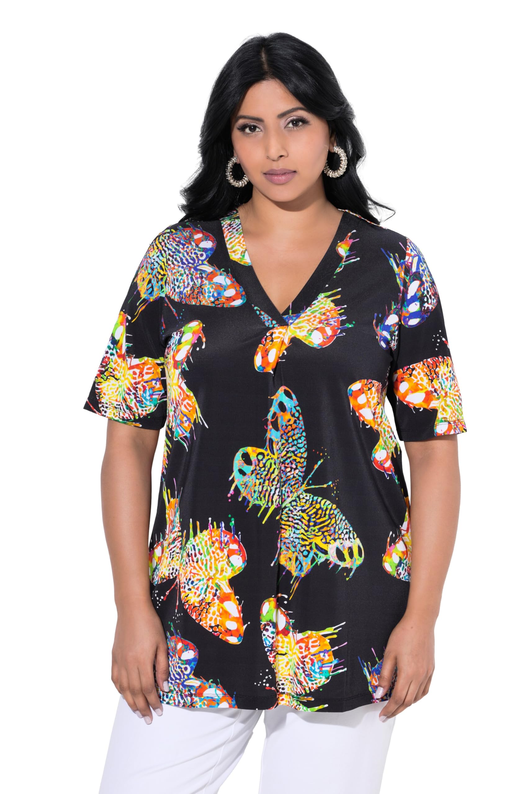 Ulla Popken Damen große Größen Übergrößen Plus Size Slinkyshirt, Schmetterlinge, V-Ausschnitt, Halbarm 839477