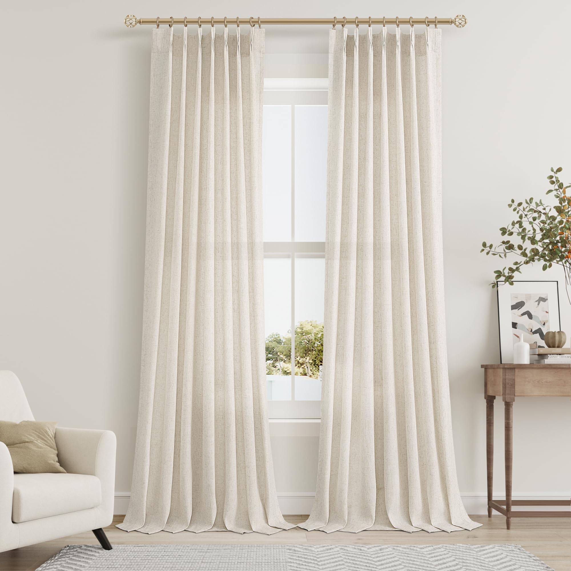 Cream Beige Pinch Pleat Linen Curtains 102 Inch Length 2 Panels Set for Bedroom Dining Room Semi Sheer Linen Boho Farmhouse Neutral Window Curtains 102 Inches Long for Living Room Nursery 40x102