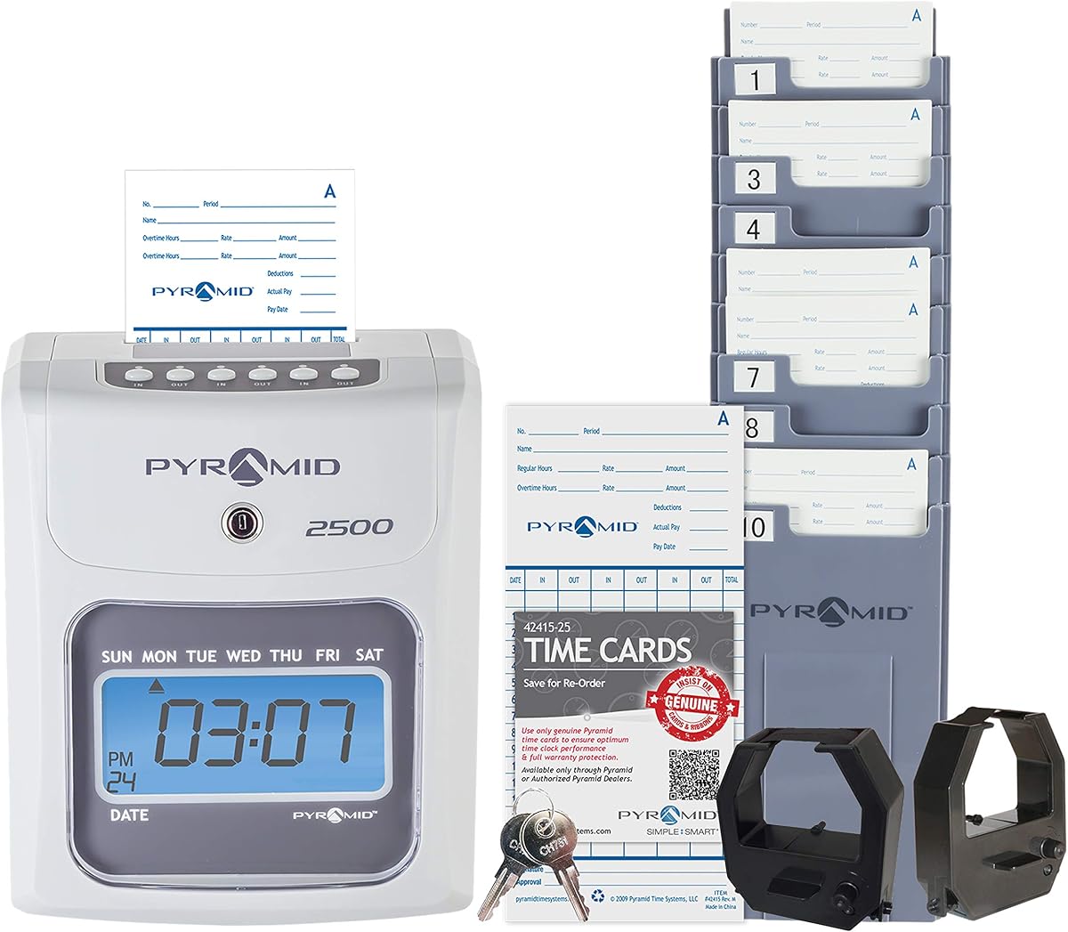 Pyramid Time Systems - 2500 Auto-Aligning Time Clock Bundle [2500K1] | Employee Time Clock, for Small Business, System With 100 Time Cards, 2 Ribbon Cartridges, 10-Slot Rack & Security Keys