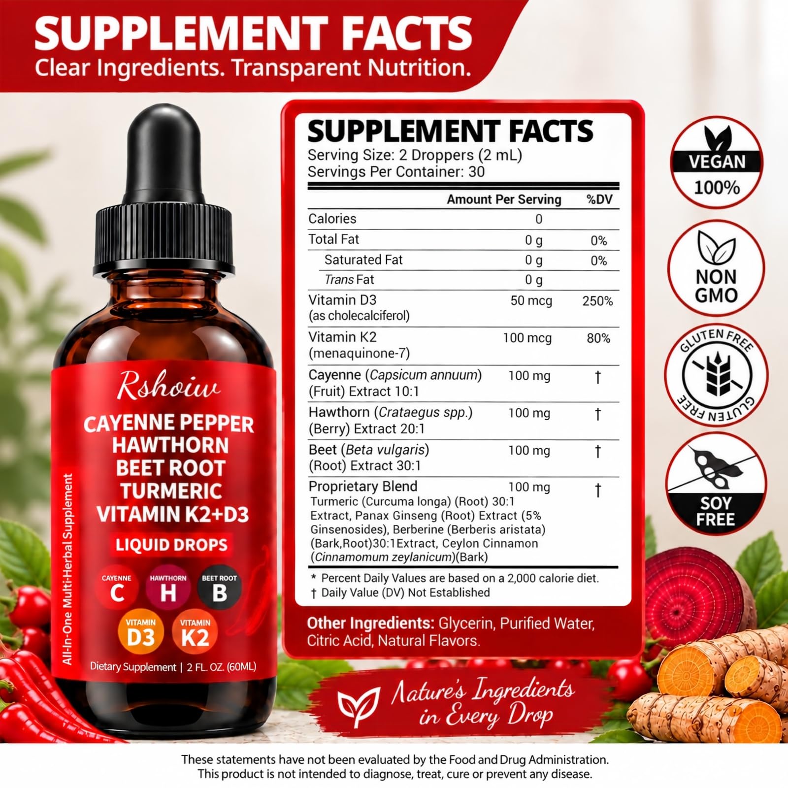 Cayenne Pepper Drops, Hawthorn, Beet Root, Turmeric, Vitamin D3 & K2 — Amazon image 3