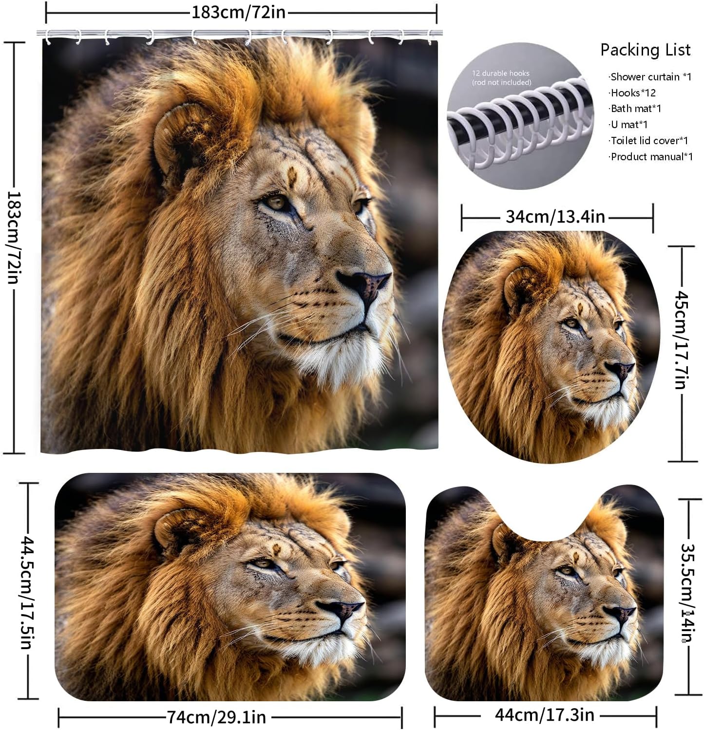 Lion Shower Curtain 72 in X 72 in with 12 Hooks, Square Shower Curtain for Bathroom Decor 4 Pcs Natural Realistic Golden Hues Lion Bathroom Curtains Shower Set with Rug Toilet Lid Cover