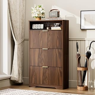 Tall entryway Cabinet with flip Drawers Concealed Footwear Organizer Rack Foyer Hallway Storage Tower Modern Minimalist Wave Panel Design Gold Metal Handle freestanding (Walnut,54.4")