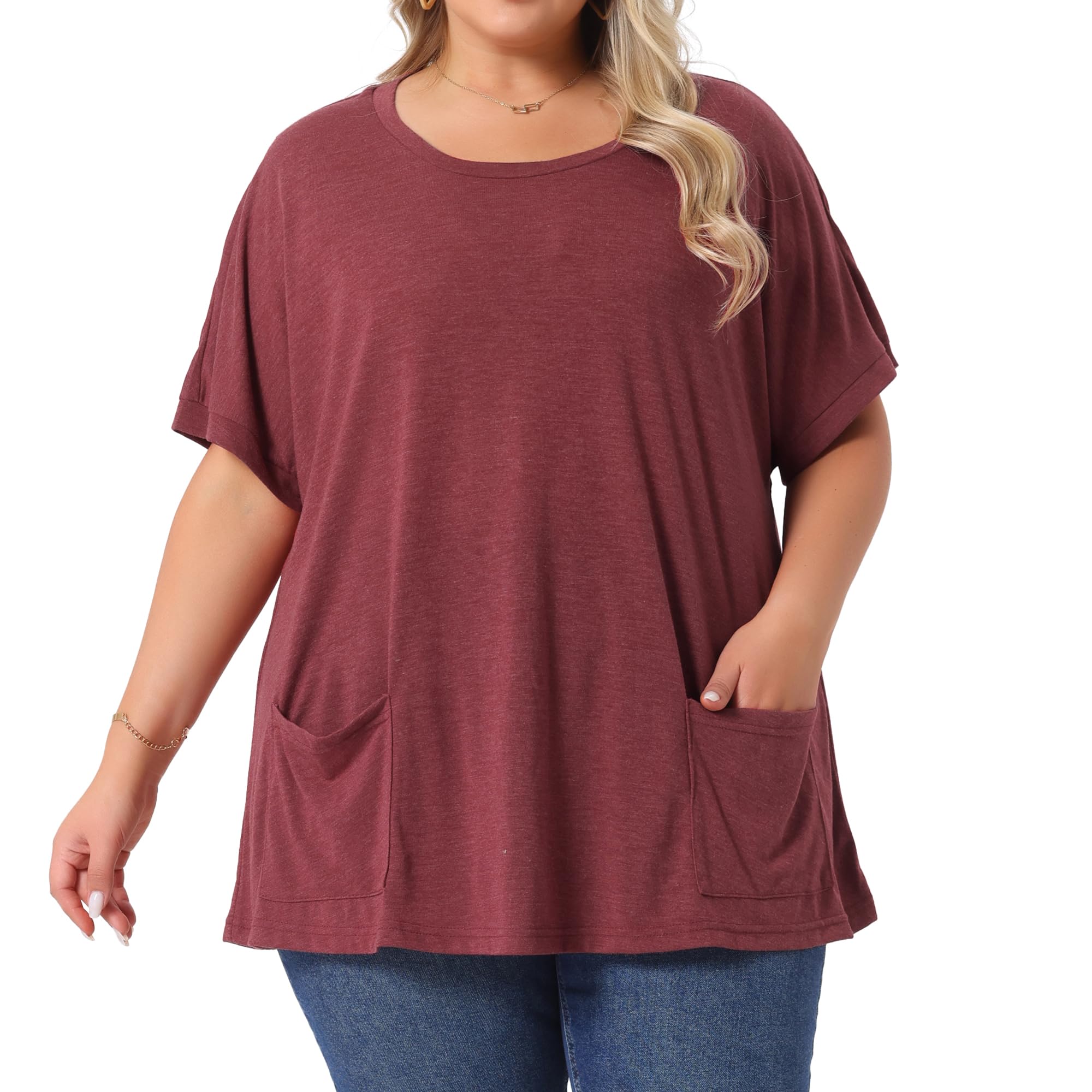 Agnes Orinda Plus Size Women's Crew Neck Short Sleeve Tops Loose Fit Summer t Shirt Tee Tops with Pocket Casual 2025