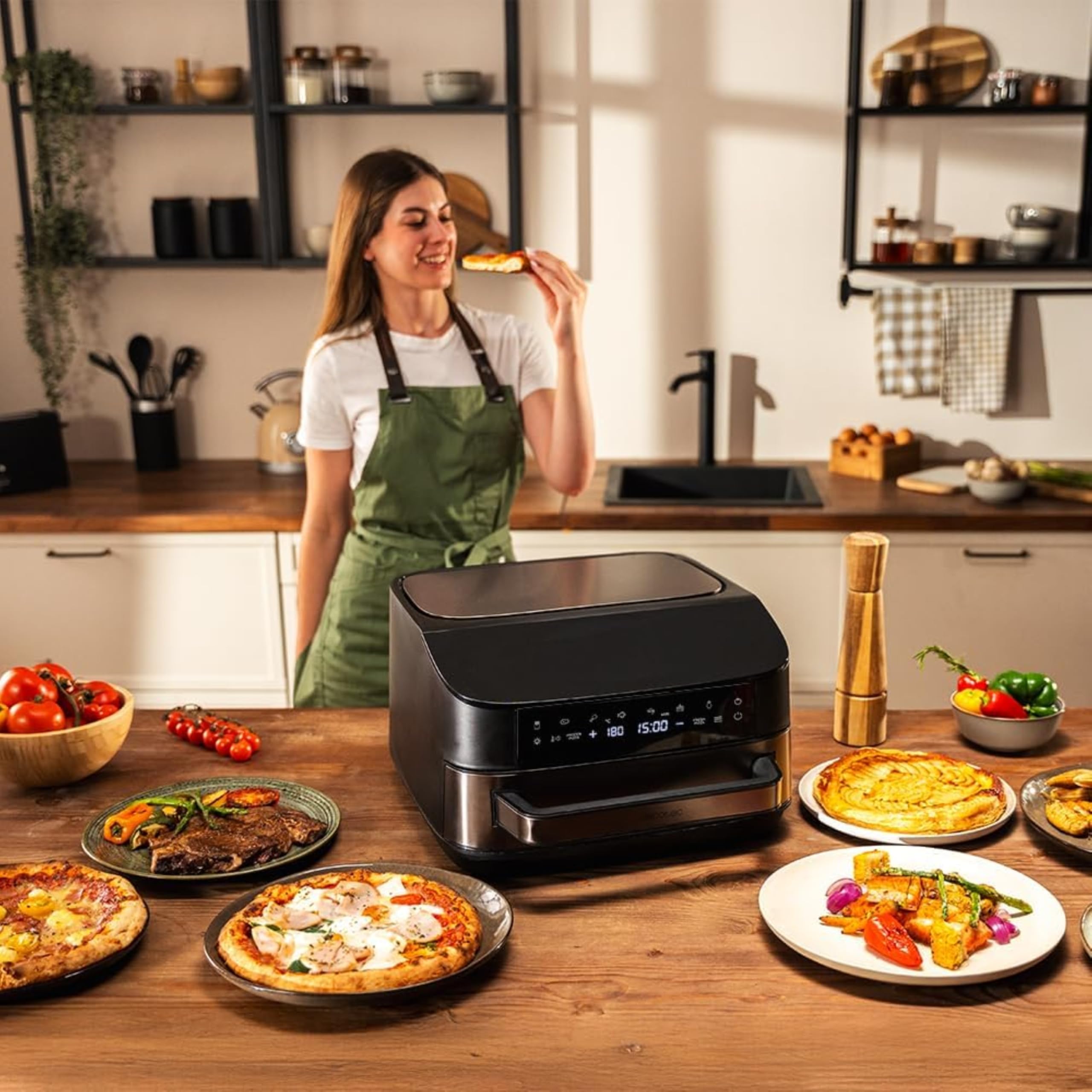 Cecotec Horno Eléctrico para Pizza de 7L Pizza&Fry 7000. 2200W, Pizzas de 13 Pulgadas, Pantalla Táctil, 8 Programas, Temperatura Ajustable 40-230ºC, Piedra para Pizza, Resistencia Superior e Inferior