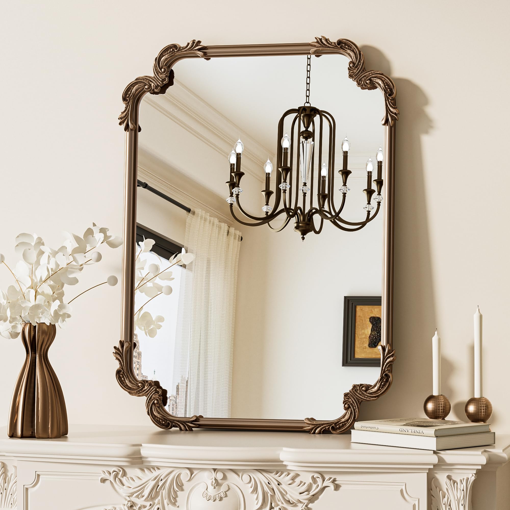 TETOTE Gold Vintage Rectangle Mirror 55x75cm - Antique Brass Frame with HD Tempered Shatterproof Glass - Baroque Ornate Scroll Decor - Horizontal & Vertical Mount for Fireplace Bathroom Hallway