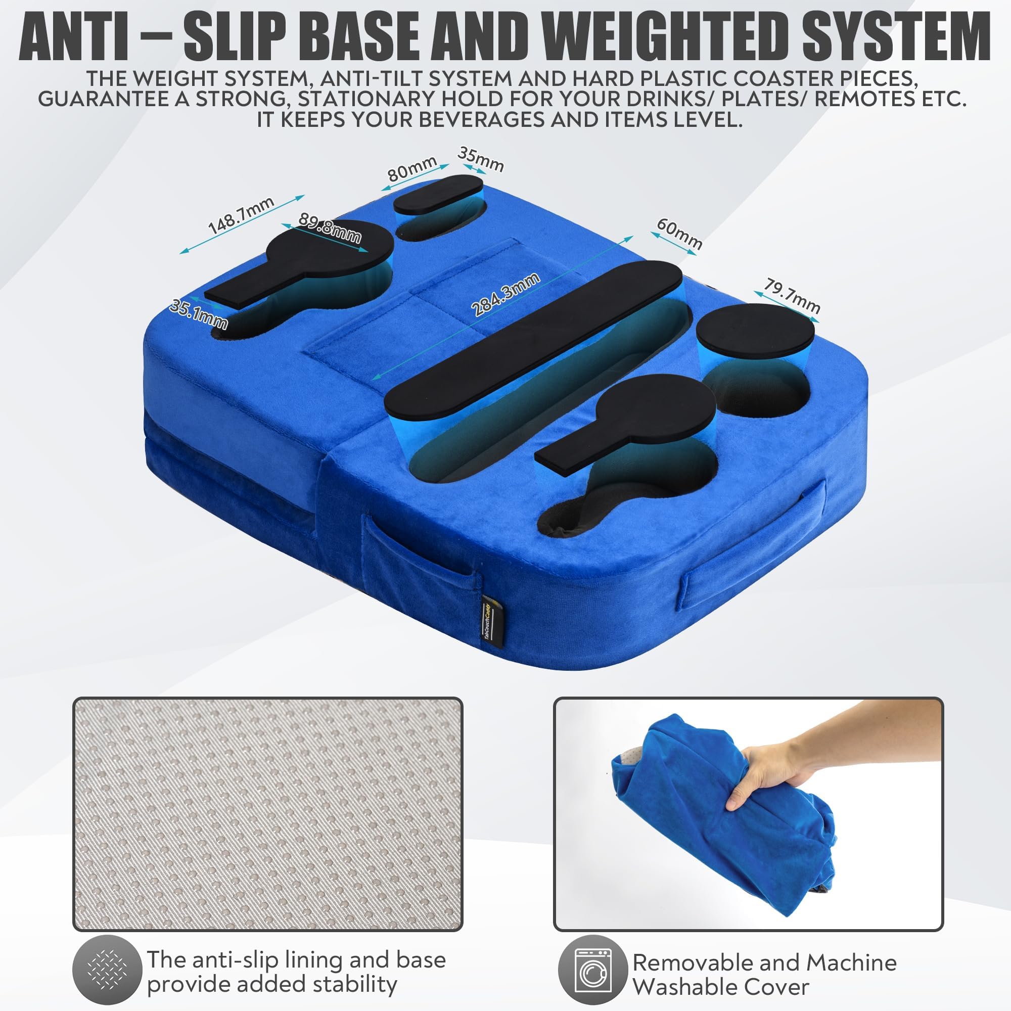 TabCouchCaddy - Couch Cup Holder Tray Pillow - Bed, Couch Caddy, Sofa, RV & Car - Holds Drinks, Snacks, Remotes, Phones, Kindle, Tablet | Bed Cup Holder (): Blue
