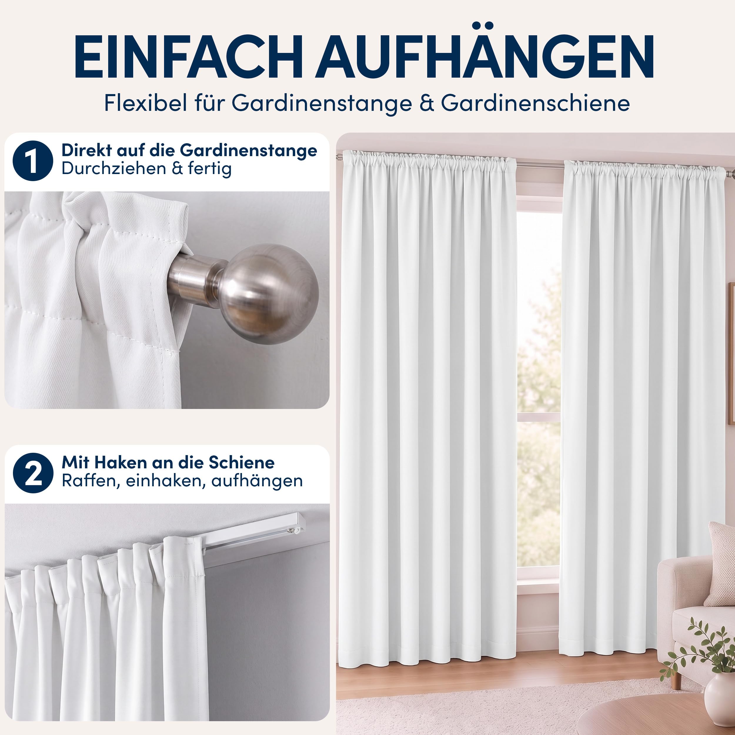 Gardine mit Kräuselband Blickdicht Weiß - H 145 x B 140 cm (1 Stück)