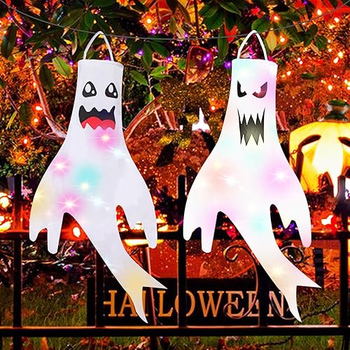 Dokeawo 2 piezas de decoración de Halloween, calcetines de viento fantasma de 47 pulgadas, decoración de Halloween colgante con luz LED para