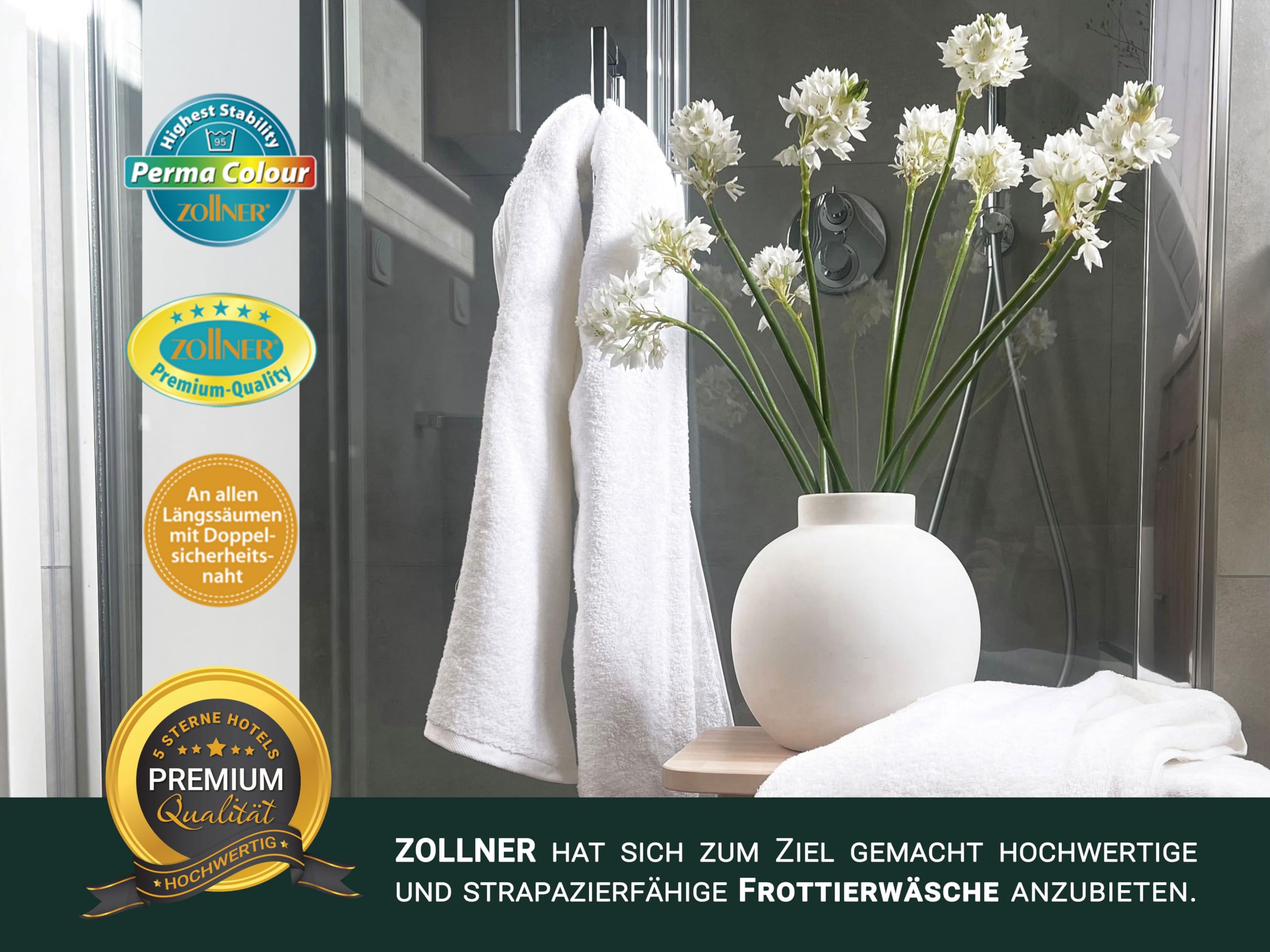 ZOLLNER 3er Set Duschtücher in 70x140 cm - besonders weiche und saugstarke Handtücher in weiß - mit praktischem Aufhänger - waschbar bis 95°C - Baumwolle - Hotelqualität