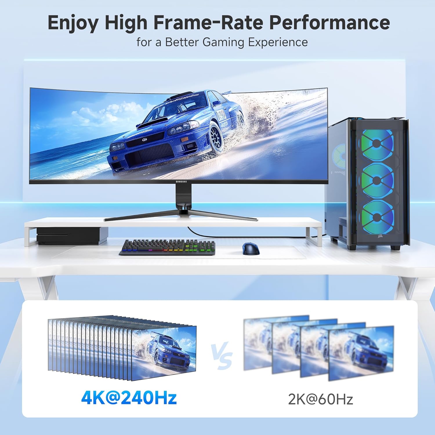 Gaming setup with a monitor displaying a racing game at 4K 240Hz