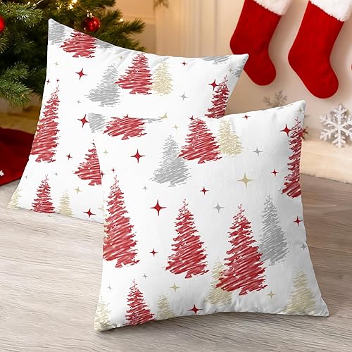 Miniatura 9 de CaliTime Juego de 2 fundas de almohada decorativas de vellón con estrellas y árboles de Navidad para sofá, cama, sofá, decoración rural, 18 x 18