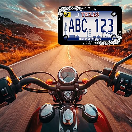Miniatura 7 de Marco de placa de matrícula de motocicleta de flor de cerezo blanco y negro, soporte de etiqueta de mariposa de acero inoxidable, 4 agujeros,