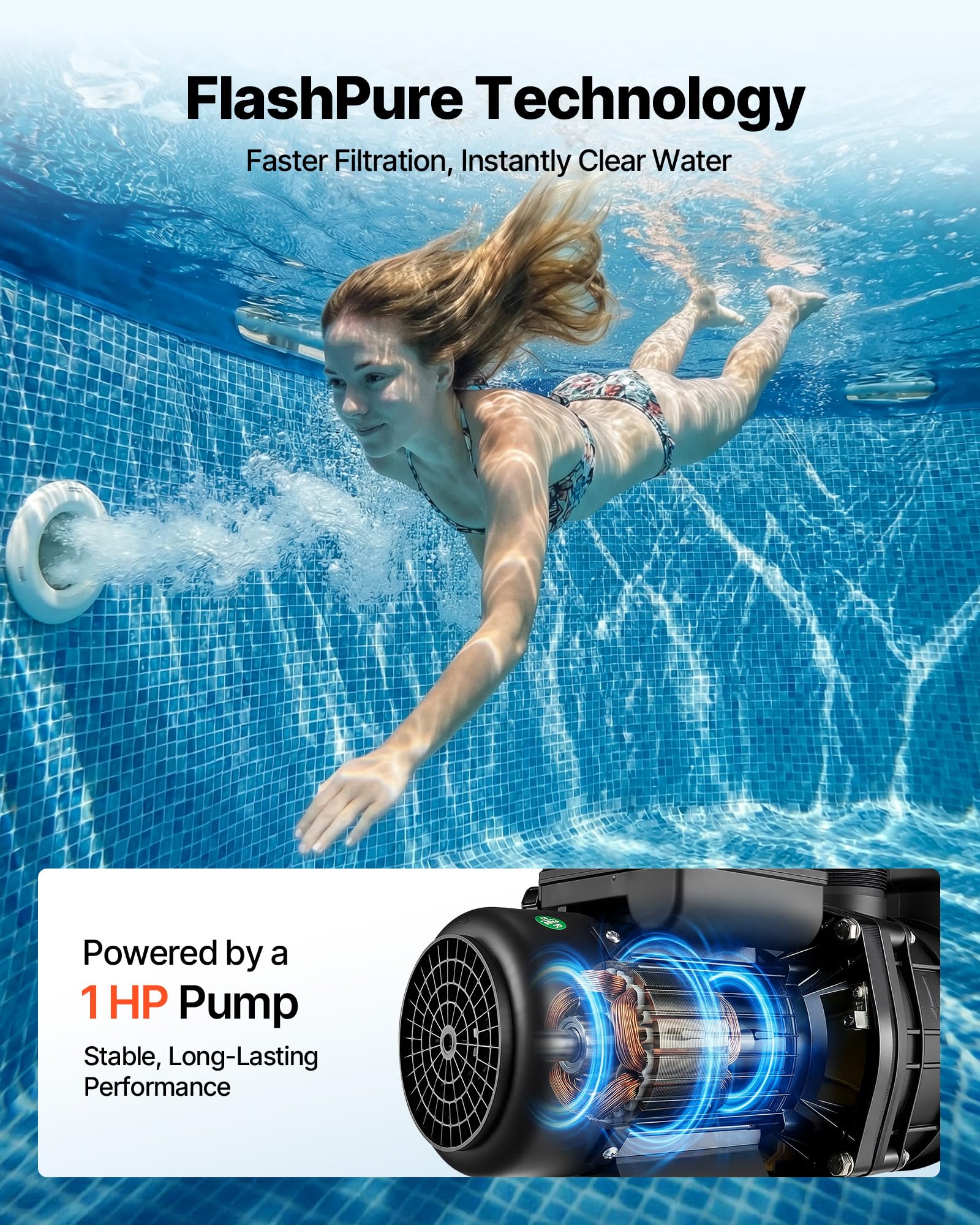 VEVOR FlashPure Sand Filter Pump, 16 in for Above Ground Pool, 1 HP 4400 GPH, Swimming Pool Filter System with Timer, 6X Faster Filtration with Media Installed, Leak-Resistant, Ready to Use Out of Box — view 5