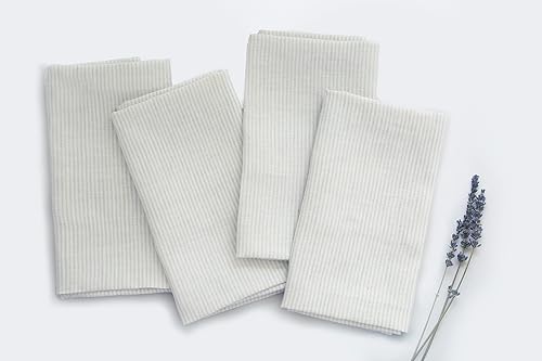 AMAVI Juego de 4 servilletas de lino 100% europeas a rayas color gris claro, lavables de 20 x 20 pulgadas, elegantes manteles de mesa para uso