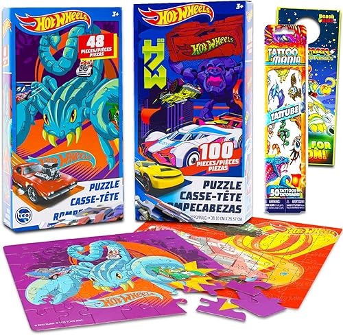 Miniatura 1 de Juego de rompecabezas de Hot Wheels - Paquete de 2 rompecabezas de Hot Wheels para niños con tatuajes temporales y más (juguetes de ruedas calientes)