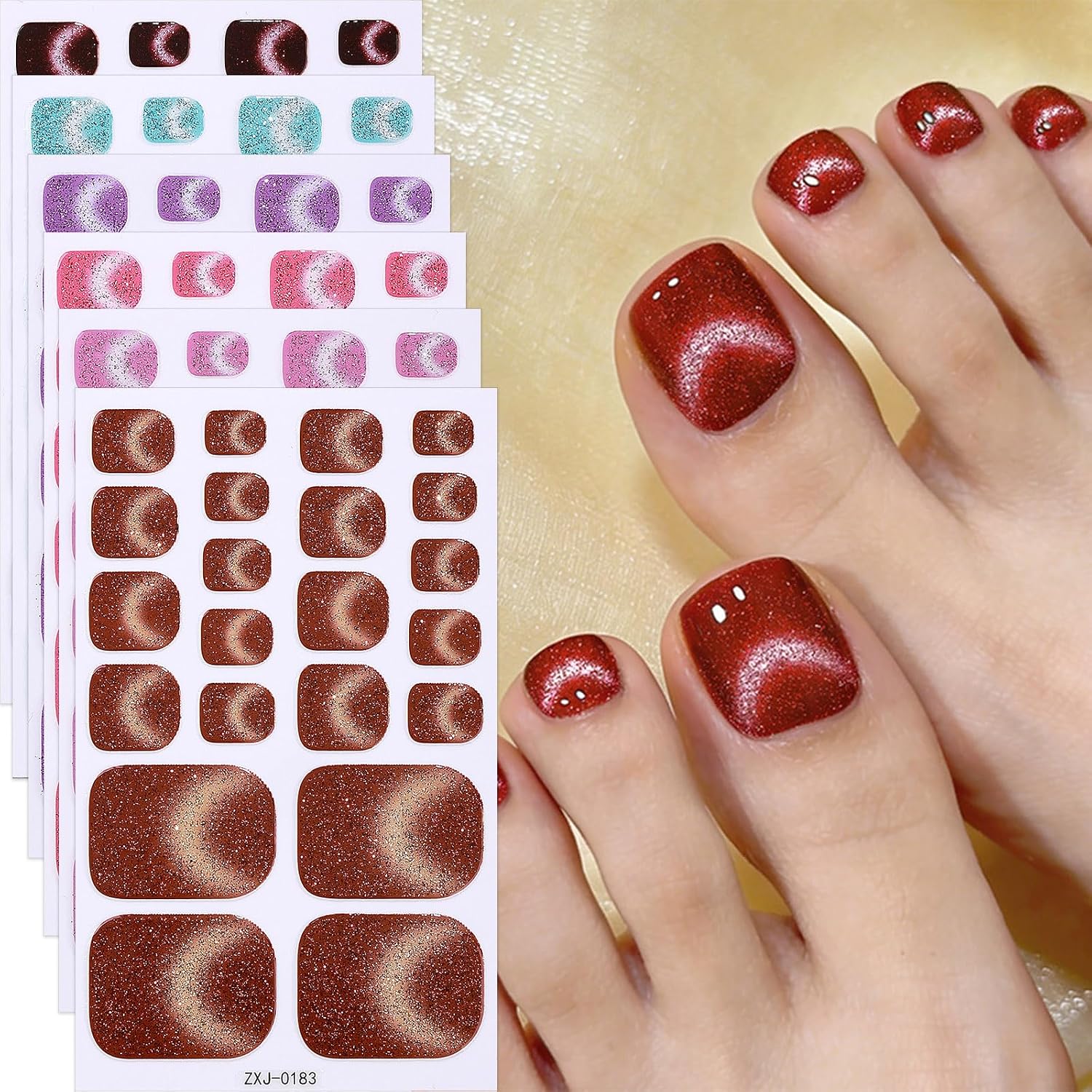Glitter Toe Nail Wraps, 8 Sheets Full Cover Self Adhesive Toe Nail Stickers, Glossy Toe Nail Polish Strips for DIY Pedicure, Trim to Fit, No UV Lamp Needed