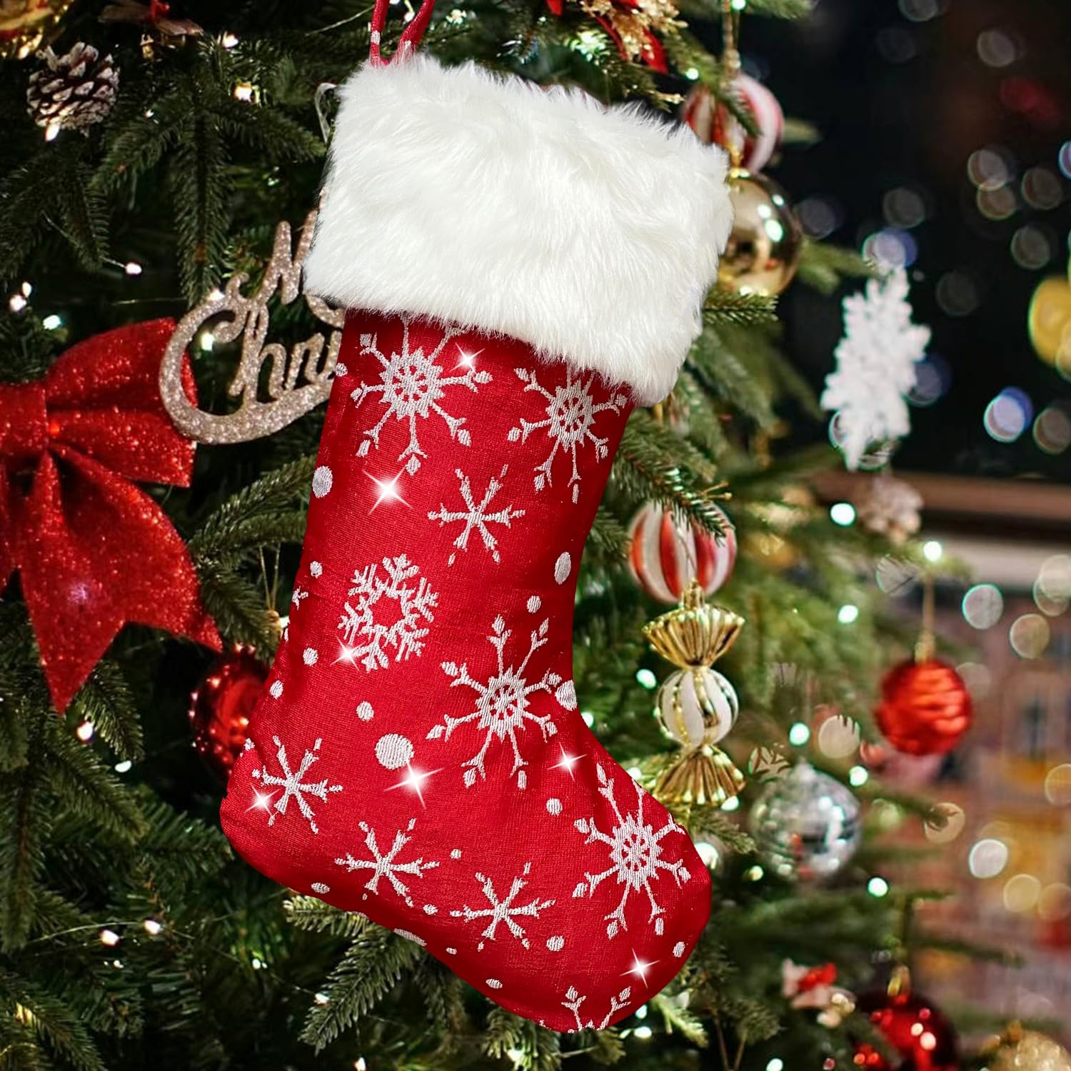 Mauts Red Silver 23" Red Christmas Stocking With Silver Threads Classic Snowflake Pattern With Shiny Silver Silk Christmas Decorations Stocking Used For Christmas Tree Gift Box Mantel Party Christmas.
