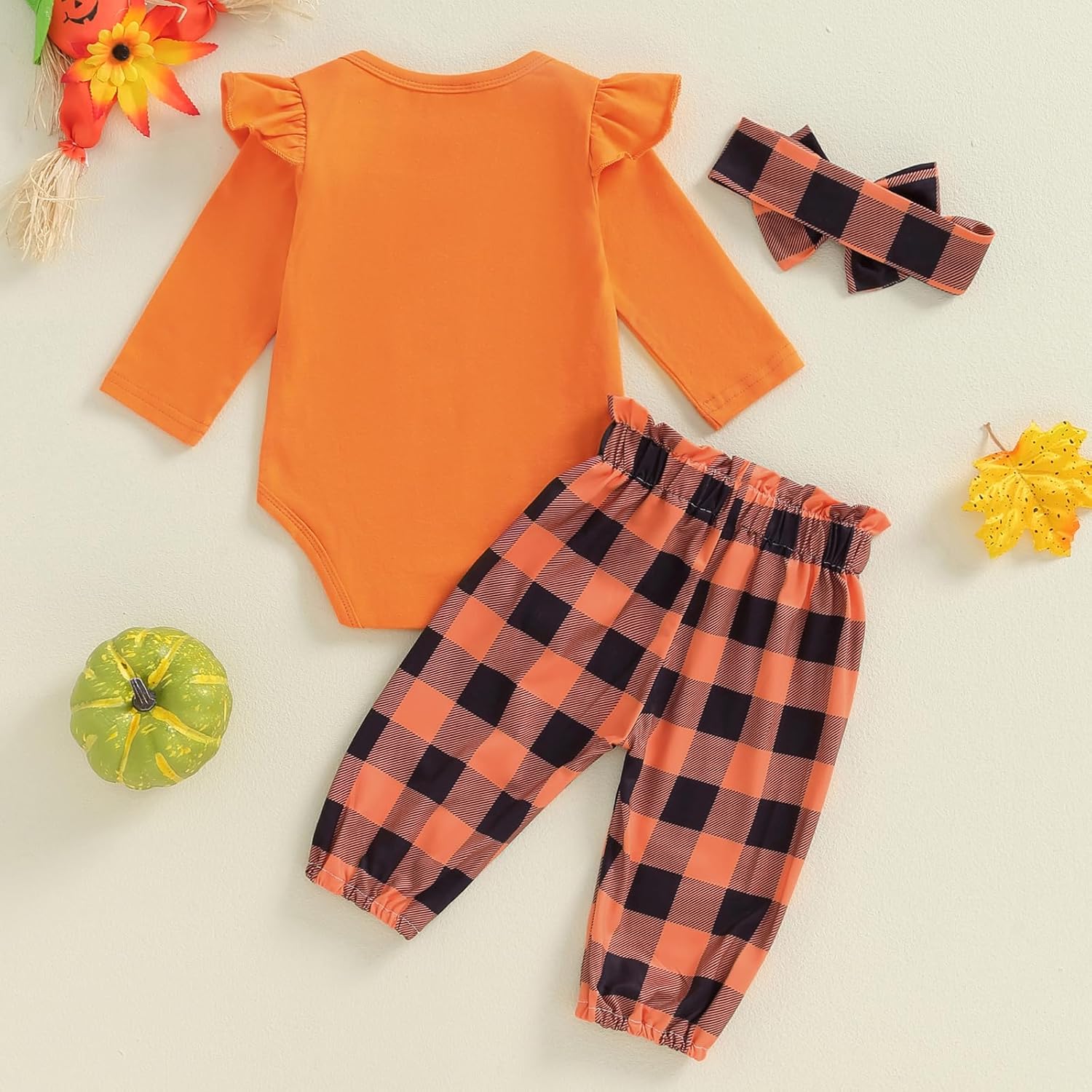 Newborn Baby Girl Halloween Outfit Ruffle Sleeve Pumpkin Face Romper Long Pants Headband 3 Piece Frist Fall Clothes - Image 3