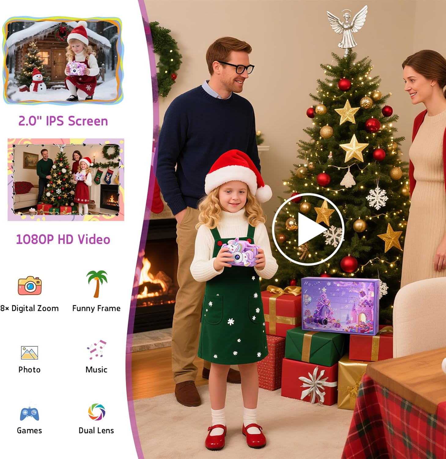 Advent Calendar for Girls 2025, Christmas Advent Calendar, 24 Days Unicorn Countdown Calendar Unique, Christmas Gifts for Girls with Kids Camera, Necklace, Bracelets, Jump Rope, Hair Clips, Glasses, Rings, Bag