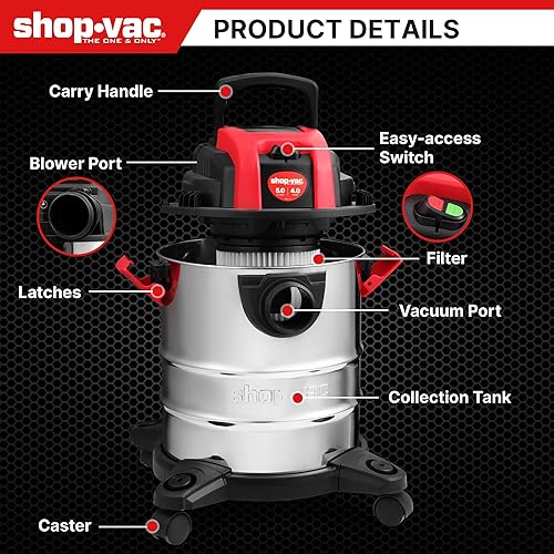 Miniatura 7 de Shop-Vac Aspiradora húmedaseca de 5 galones y 4.0 HP con función de soplador, tanque de acero inoxidable, aspiradora portátil con ruedas, incluye