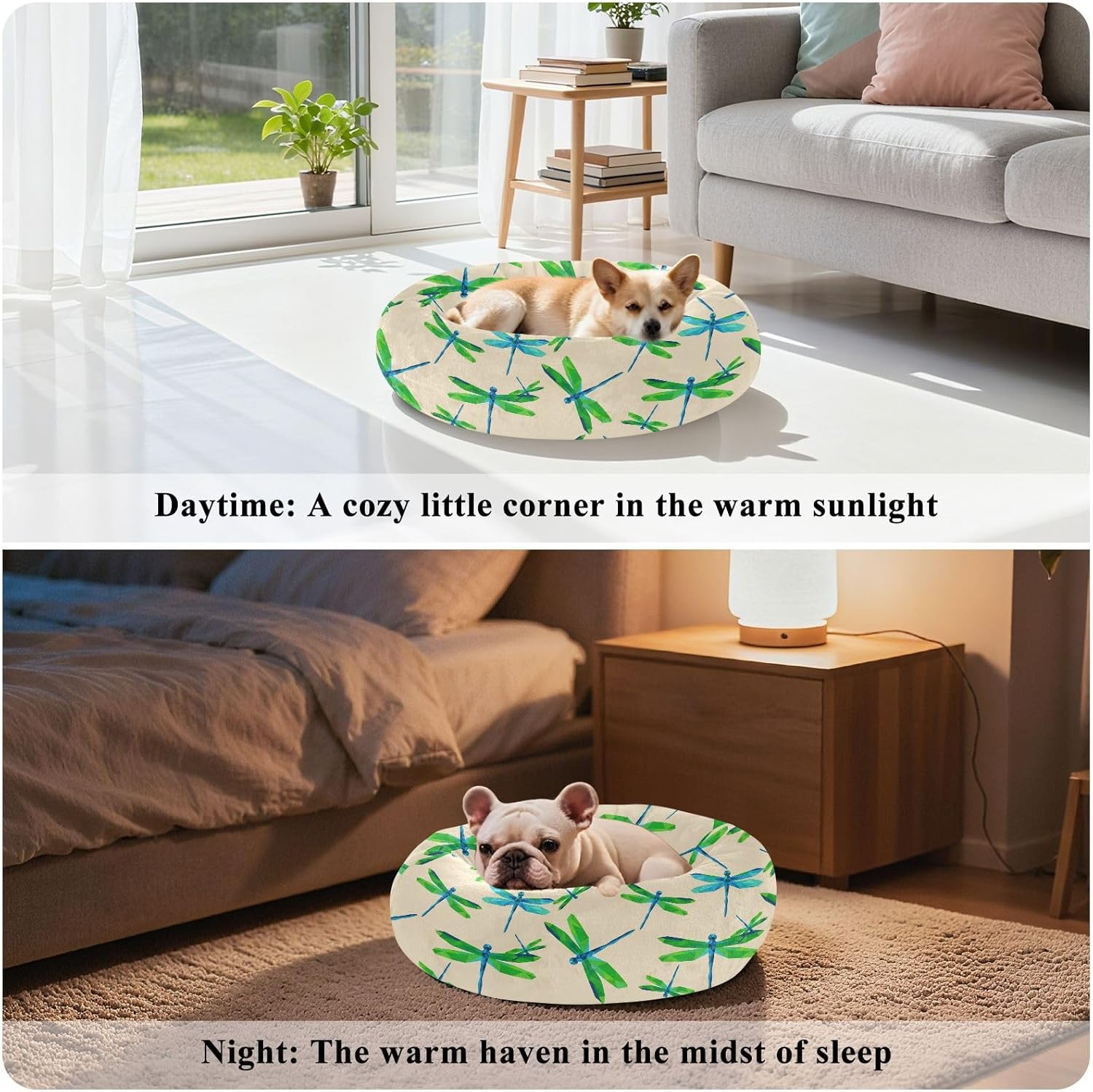 Dragonflieses Beige Pattern Dog Bed Round Donut Washable Puppy Cat Bed Small Pet Medium Dog Beds Mat for Small Medium Dogs Cats,M