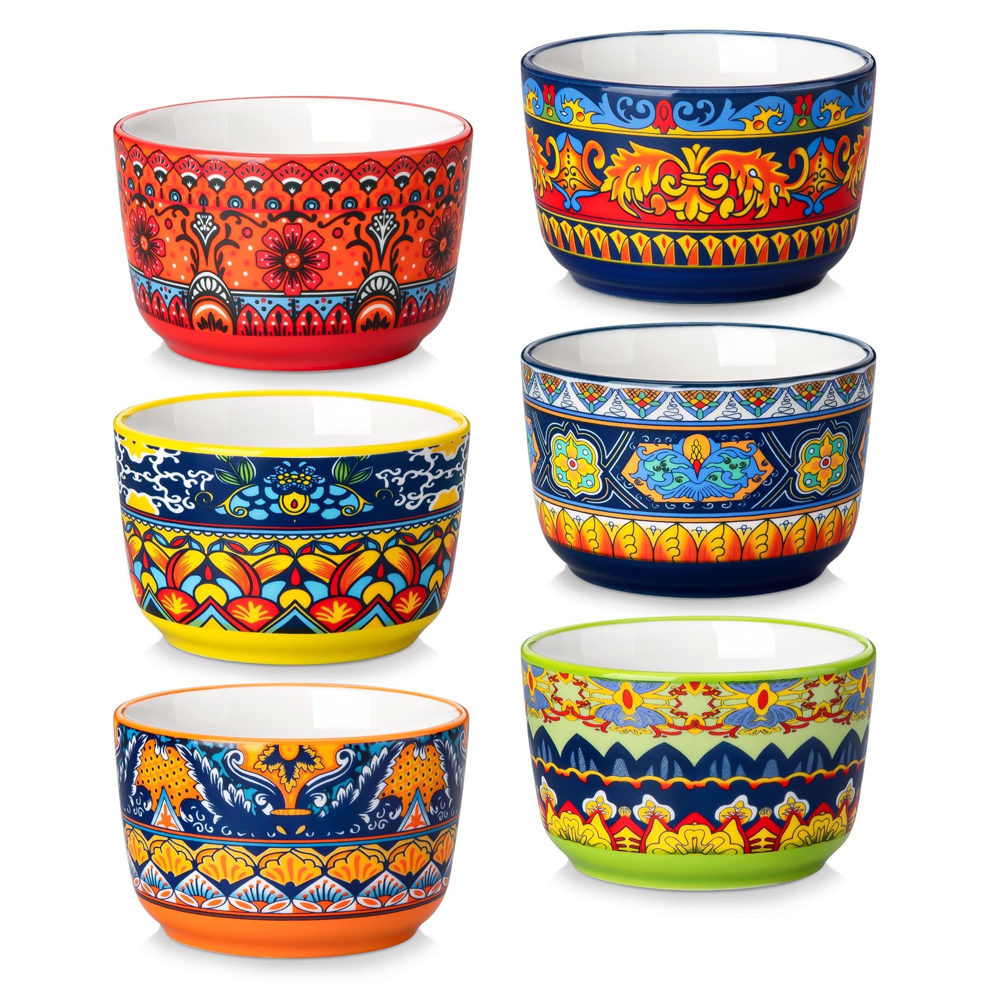 vancasso Ramekins 6 oz Oven Safe, Bohemian Style Creme Brulee Ramekin Set of 6, Porcelain Souffle Dishes Pudding Custard Cups for Baking Ramiken Bowls for Ice Cream