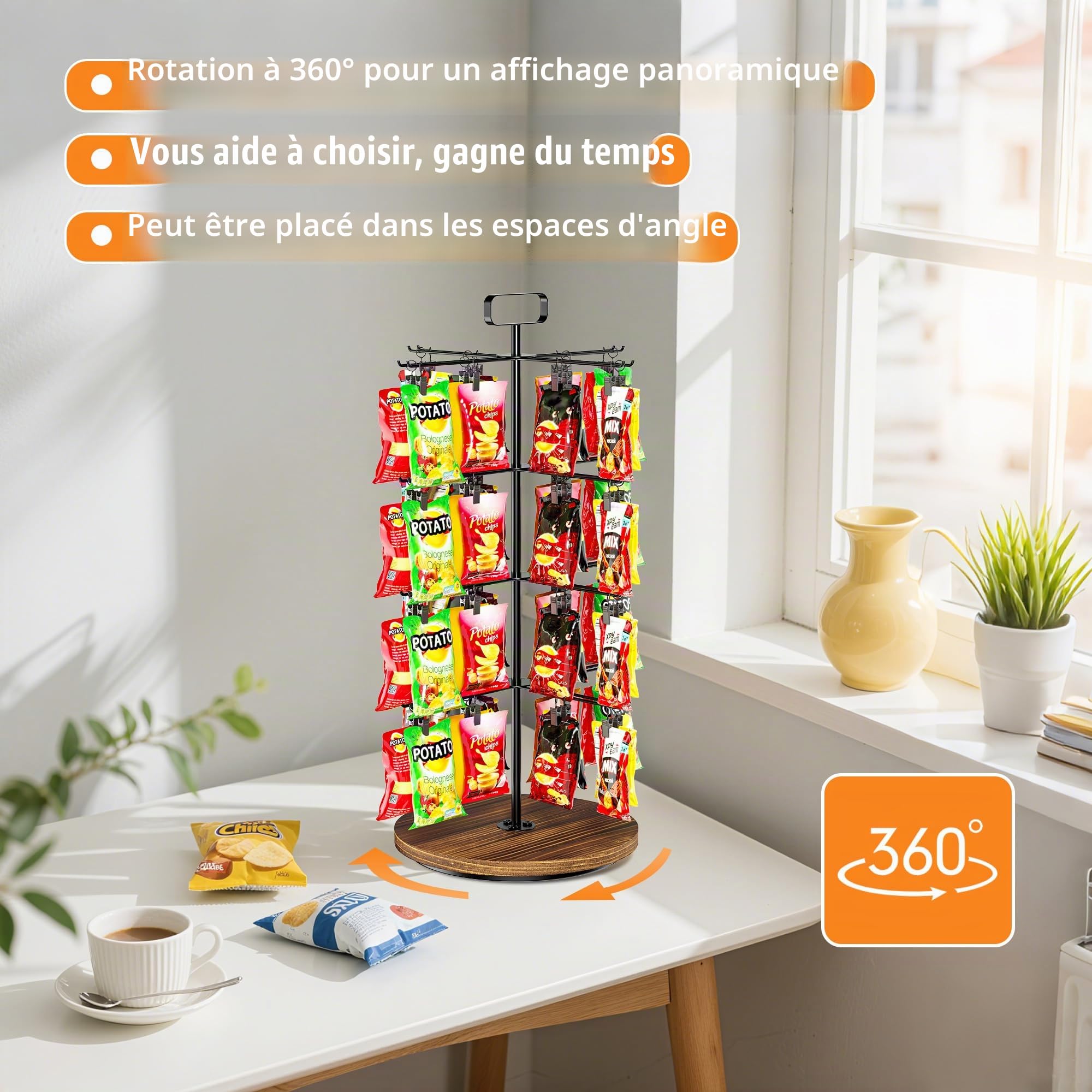 Présentoir à frites, 4 niveaux et 64 clips pour comptoir, support rotatif à 360°, présentoir à bonbons, station de rangement pour garde-manger, vente au détail, bureau (noir)