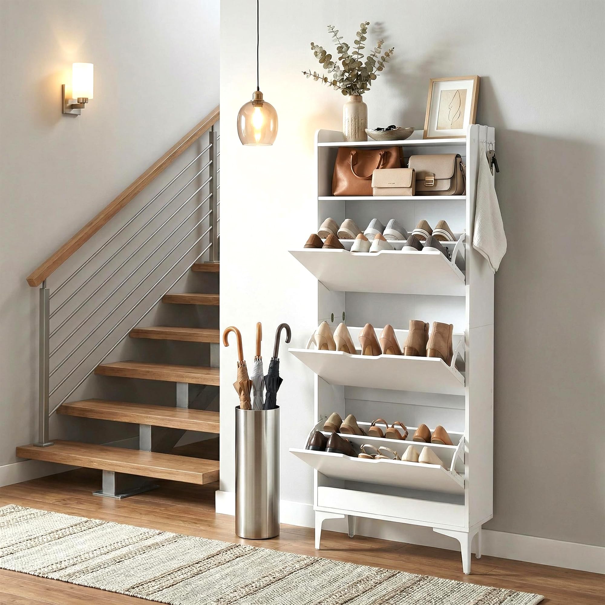 EGGREE Zapatero Alto y Estrecho con 3 Puertas Abatibles y Compartimento Abierto, Mueble Ahorrador de Espacio para Pasillo, Apartamento, Habitaciones, Blanco, 60x24x159 cm