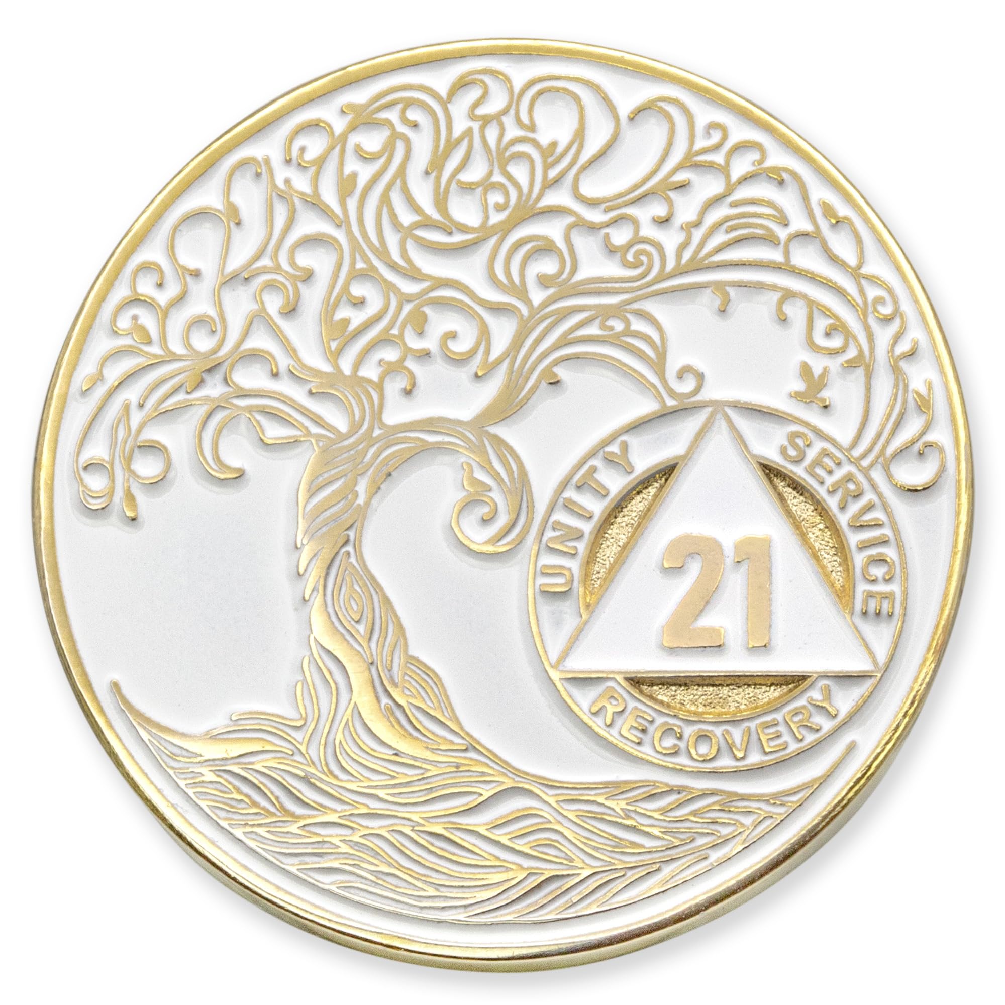 1 to 50 Year Twisted Tree of Life Sobriety Coin - Gold Plated AA Chips &amp; Medallions - 21 Year Sobriety Coin - White